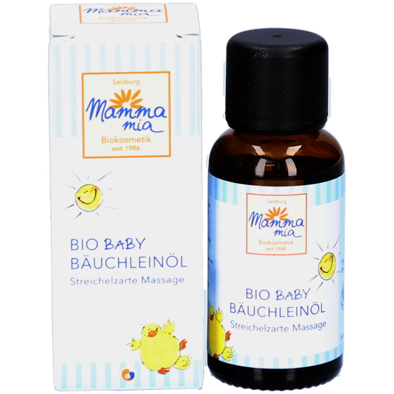 Braune Glasflasche und Karton. Flasche mit schwarzem Deckel, Karton mit Produktname, Logo und Illustration.