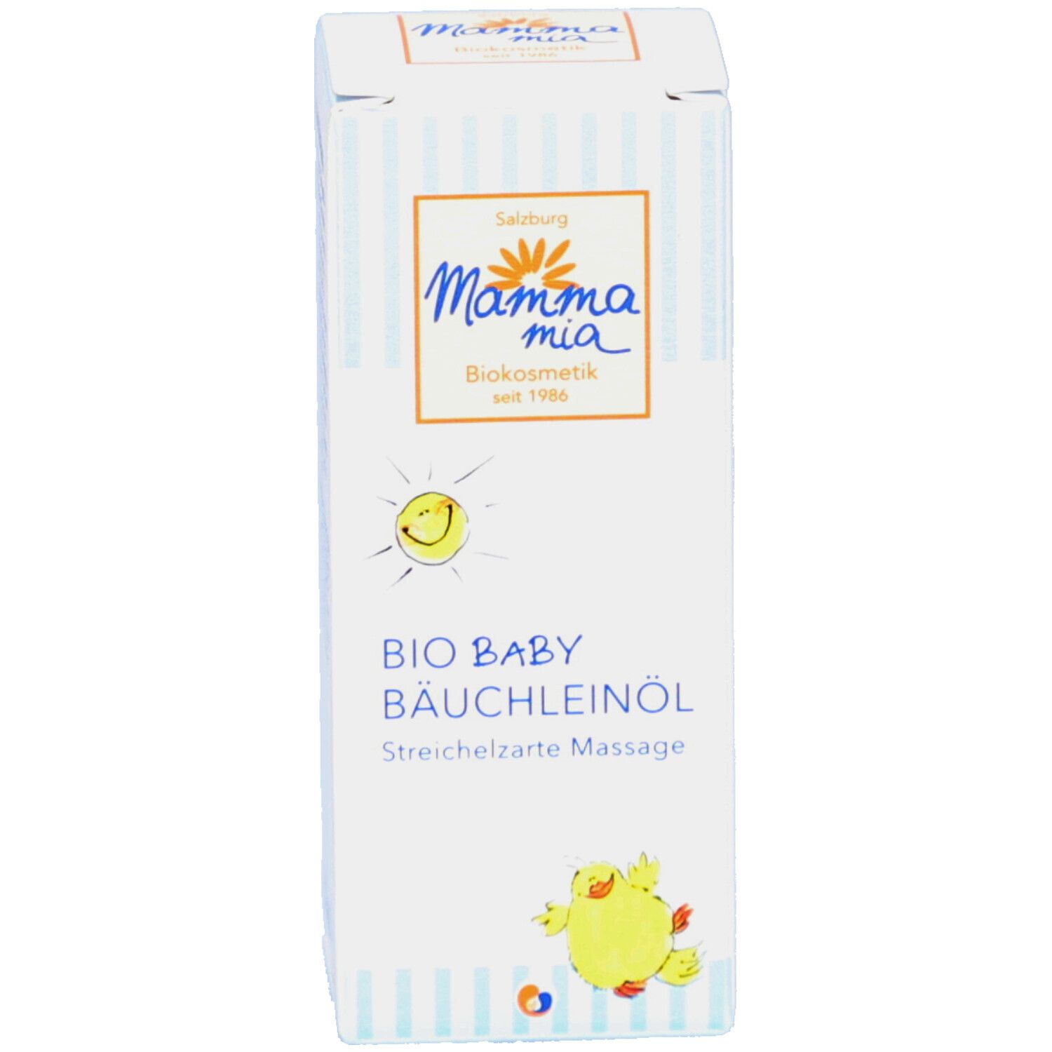 Karton mit Produktname, Logo und Illustration. Weiß mit blauen Streifen.