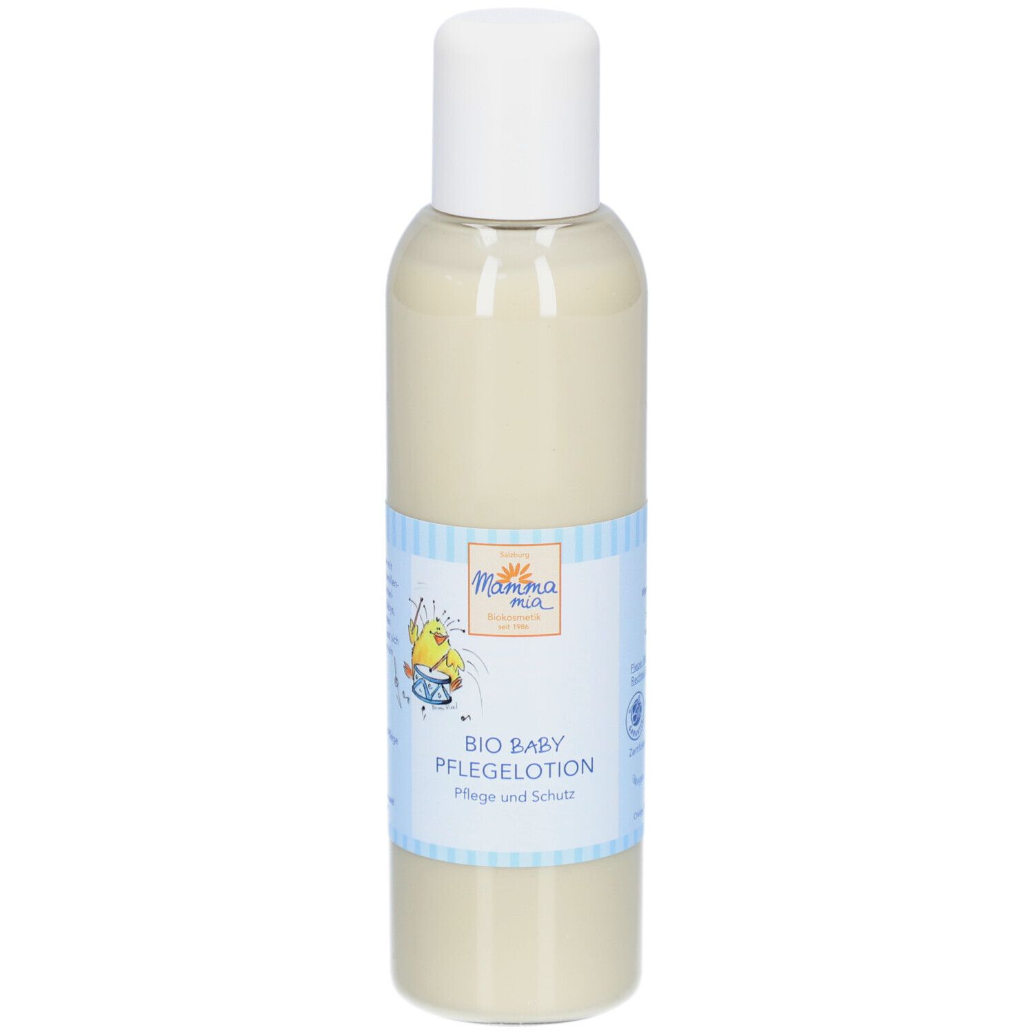 Creme-farbene Flasche mit weißem Deckel. Etikett mit Logo und Schriftzug BIO BABY PFLEGELOTION. Vegan.