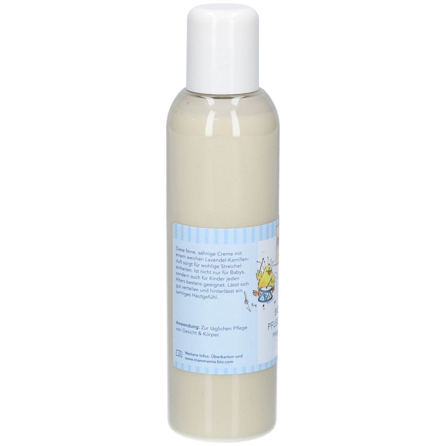 Rückseite der Flasche. Text über Inhaltsstoffe und Anwendung. Logo und Schriftzug BIO BABY PFLEGELOTION. Vegan.