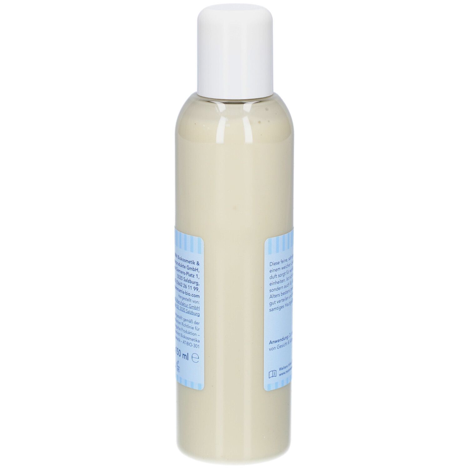 Rückseite der Flasche. Text über Inhaltsstoffe und Hersteller. Logo und Schriftzug BIO BABY PFLEGELOTION. Vegan.