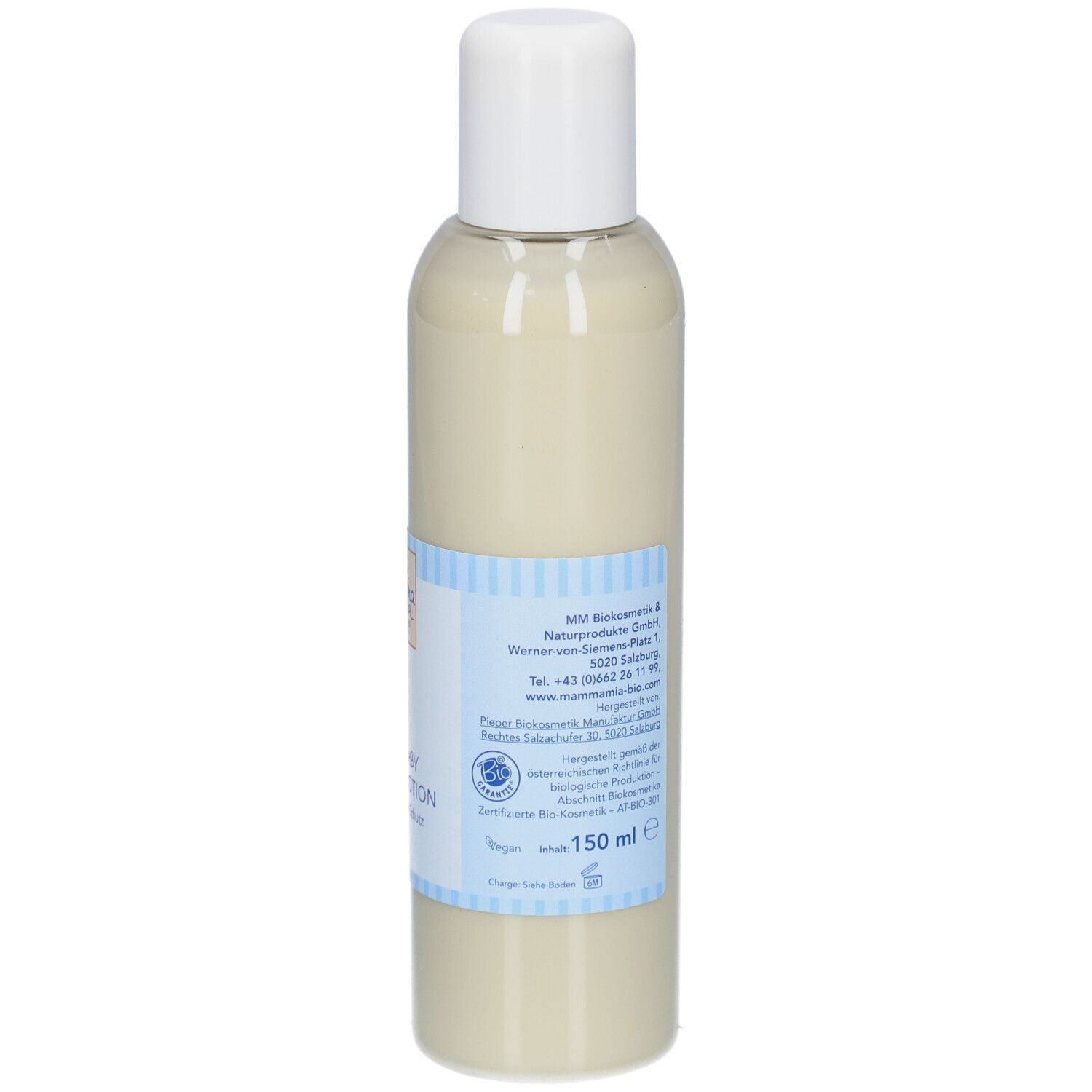 Rückseite der Flasche. Text über Inhaltsstoffe und Hersteller. Logo und Schriftzug BIO BABY PFLEGELOTION. Vegan. 150 ml.