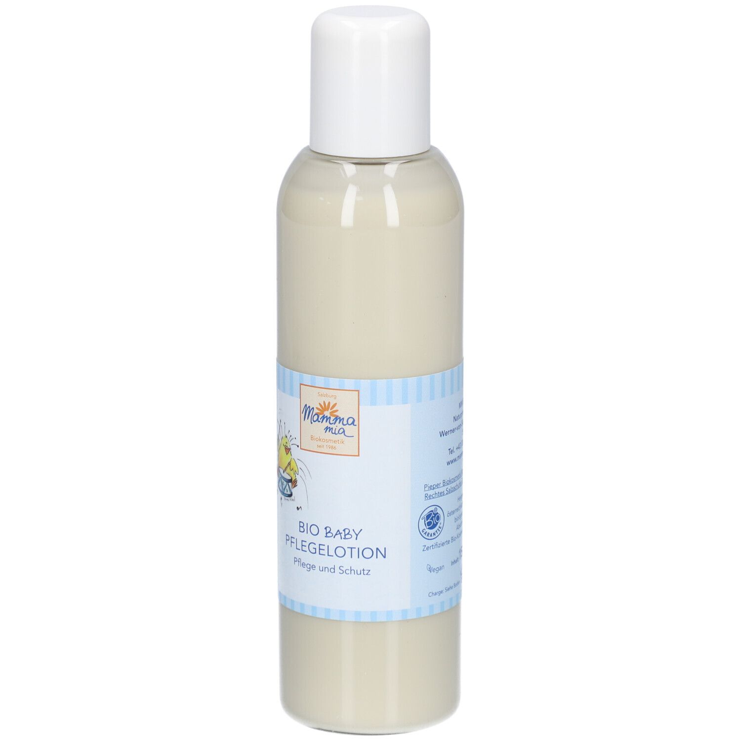 Creme-farbene Flasche mit weißem Deckel. Etikett mit Logo und Schriftzug BIO BABY PFLEGELOTION. Vegan.