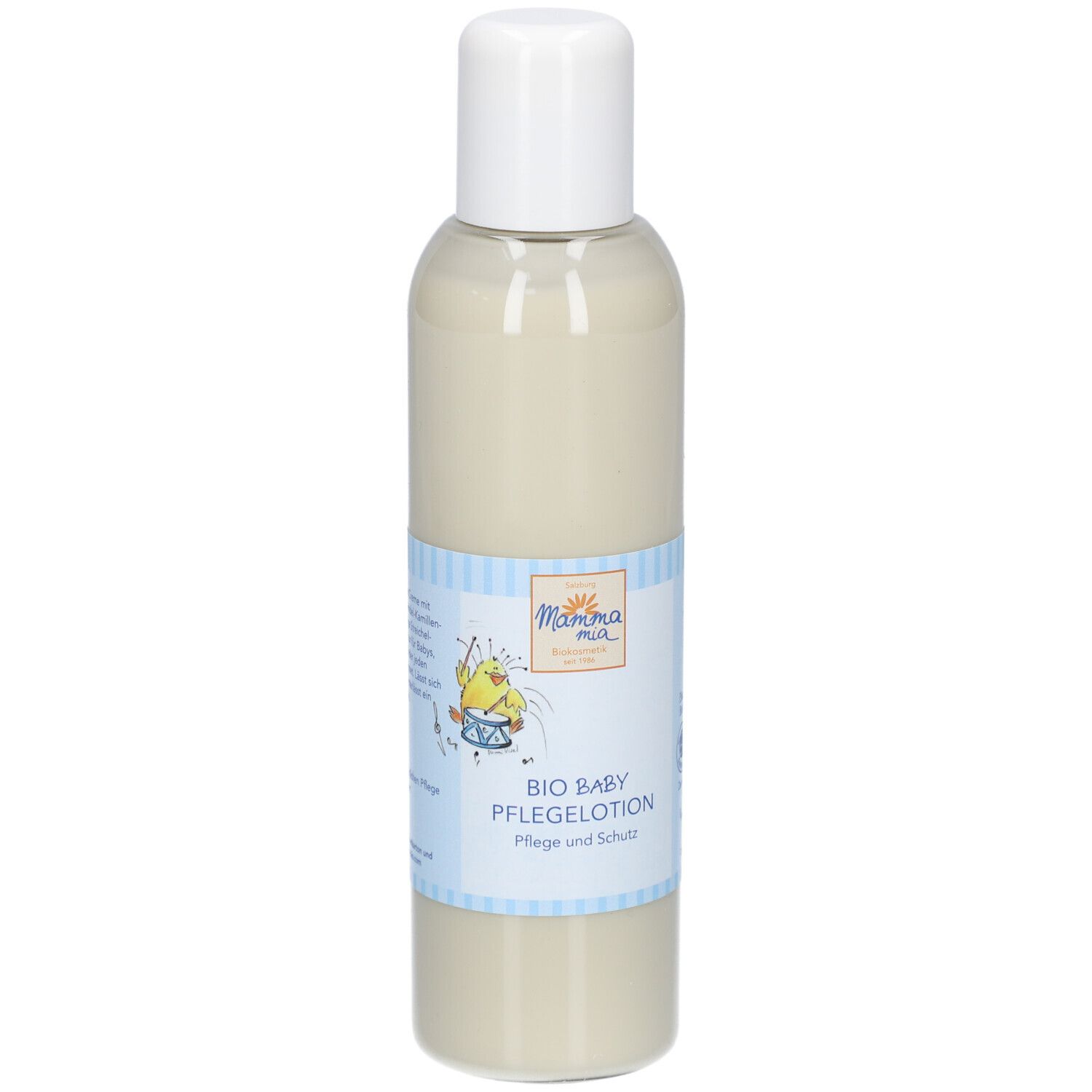 Creme-farbene Flasche mit weißem Deckel. Etikett mit Logo und Schriftzug BIO BABY PFLEGELOTION. Vegan.