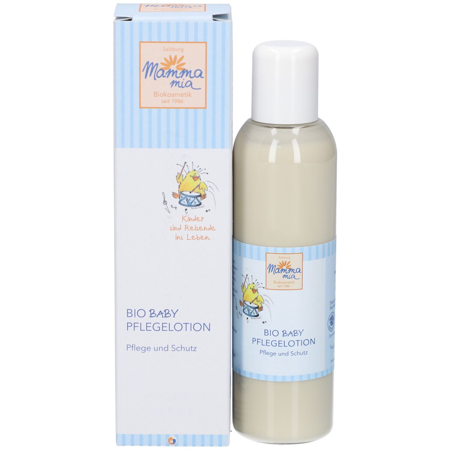 Produktflasche und Verpackung. Flasche mit weißem Deckel. Verpackung mit Logo und Schriftzug BIO BABY PFLEGELOTION. Vegan.
