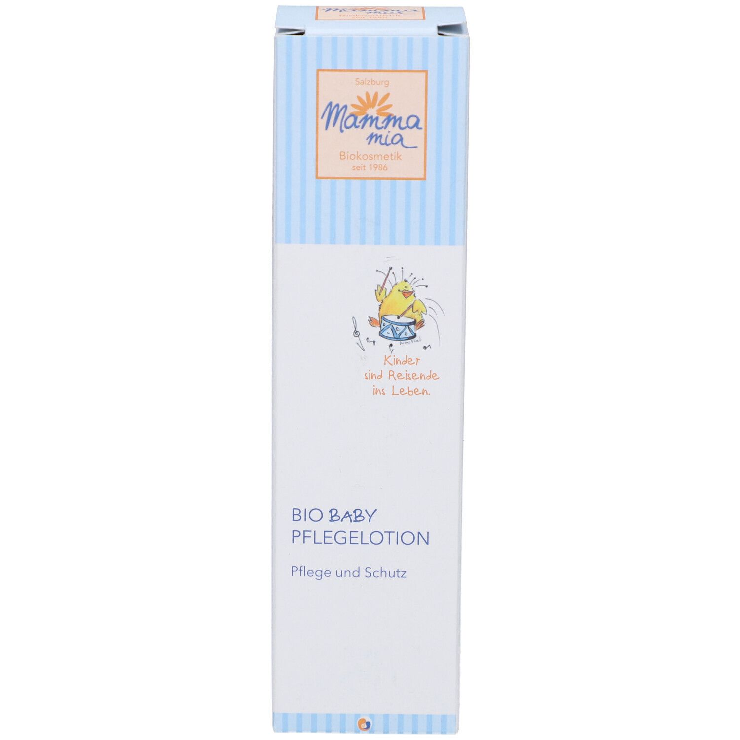 Produktverpackung. Logo und Schriftzug BIO BABY PFLEGELOTION. Vegan. Streifenmuster.