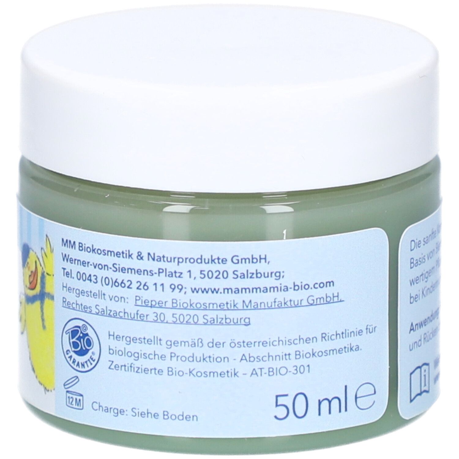 Glas mit weißem Deckel. Aufkleber mit Text und Logo. Text: MM Biokosmetik & Naturprodukte GmbH... Bio Garantie. 50 ml e. Gelber Vogel.