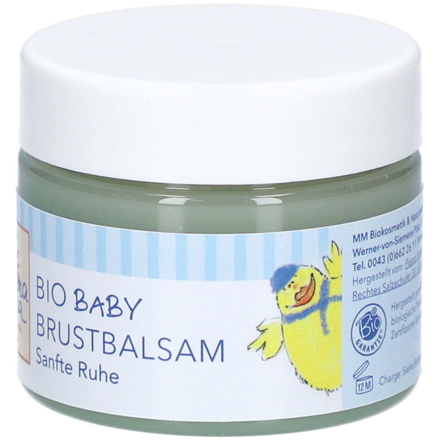 Glas mit weißem Deckel. Aufkleber mit Produktname und Logo. Text: BIO BABY BRUSTBALSAM Sanfte Ruhe. Gelber Vogel mit Mütze.
