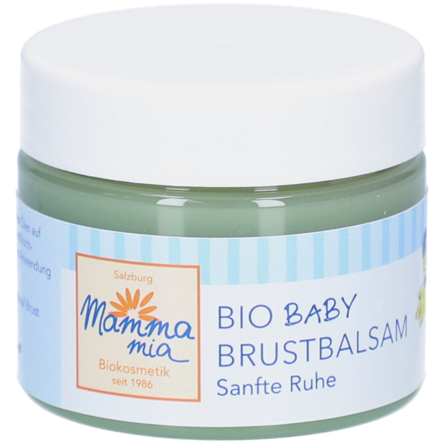 Glas mit weißem Deckel. Aufkleber mit Produktname und Logo. Text: BIO BABY BRUSTBALSAM Sanfte Ruhe. Grünliche Creme sichtbar.