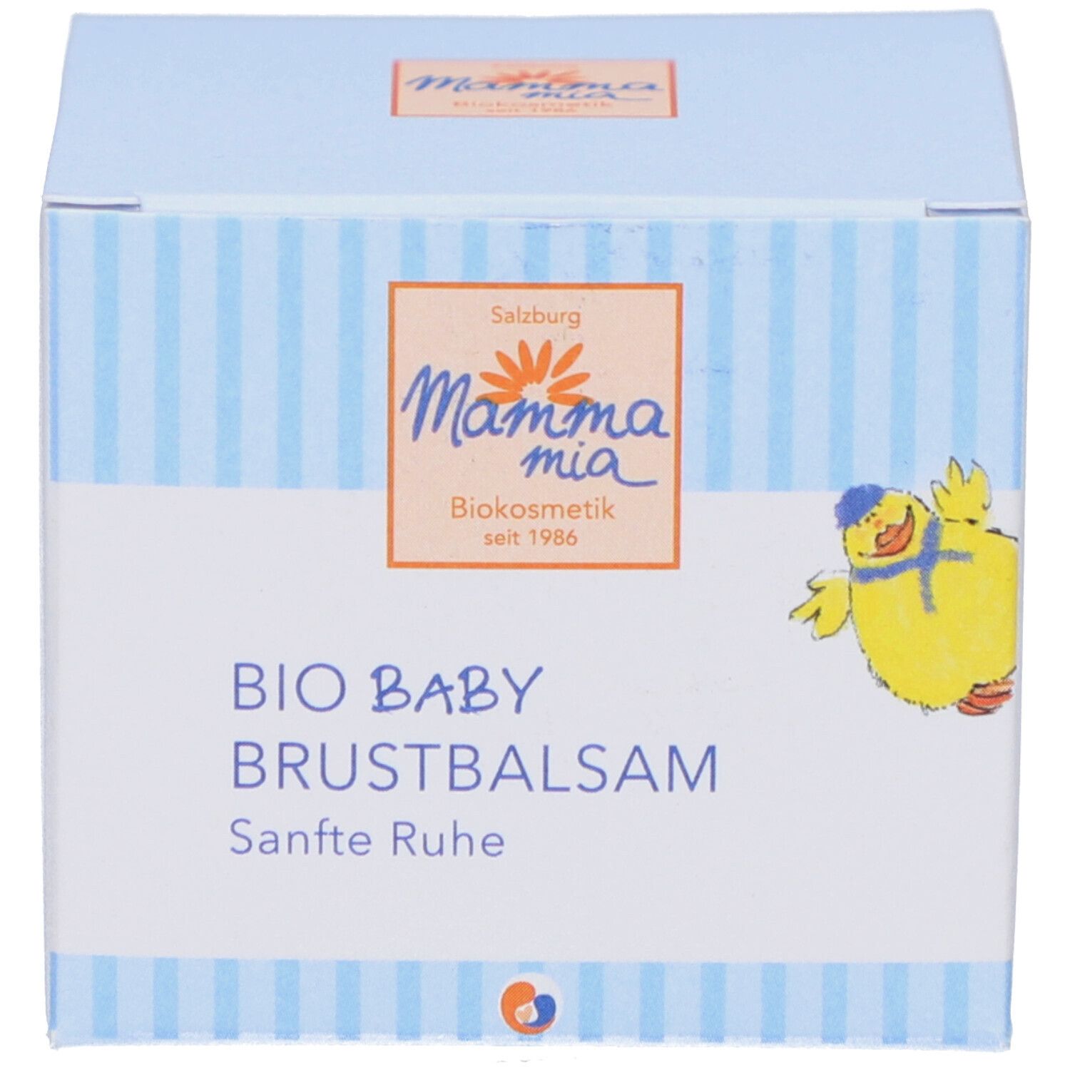 Verpackung mit Produktname und Logo. Text: BIO BABY BRUSTBALSAM Sanfte Ruhe. Gelber Vogel. Blau-weiß gestreift.