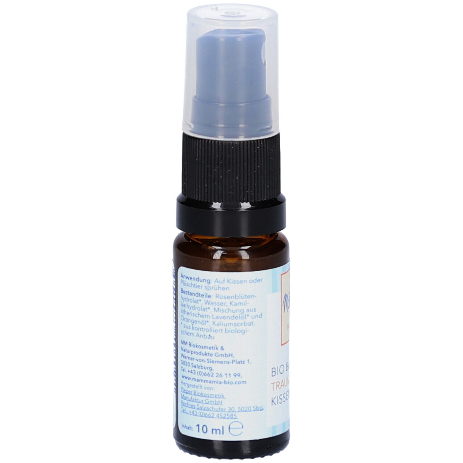 Braune Glasflasche mit Sprühkopf. Etikett mit Text über Anwendung und Inhaltsstoffe. Unten: 10 ml.