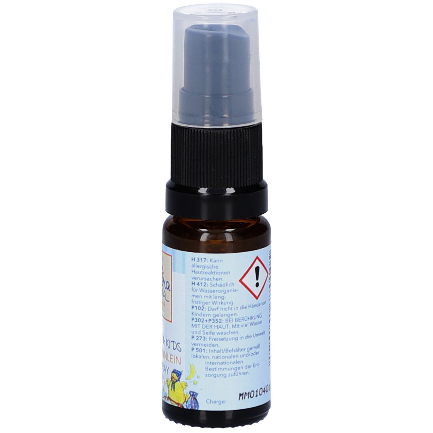 Braune Sprühflasche mit schwarzem Sprühkopf und durchsichtigem Verschluss. Etikett mit Warnhinweisen und Produktinformationen.