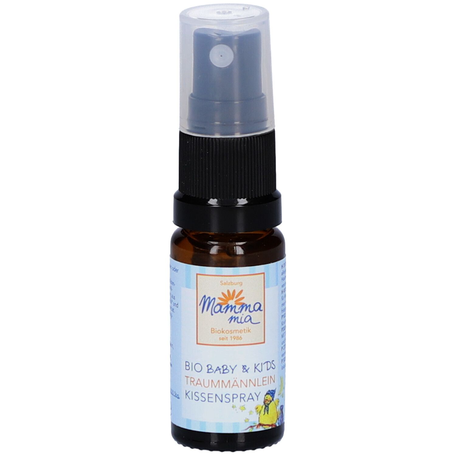 Braune Sprühflasche mit weißem Etikett für BIO BABY & KIDS TRAUMMÄNNLEIN KISSENSPRAY.