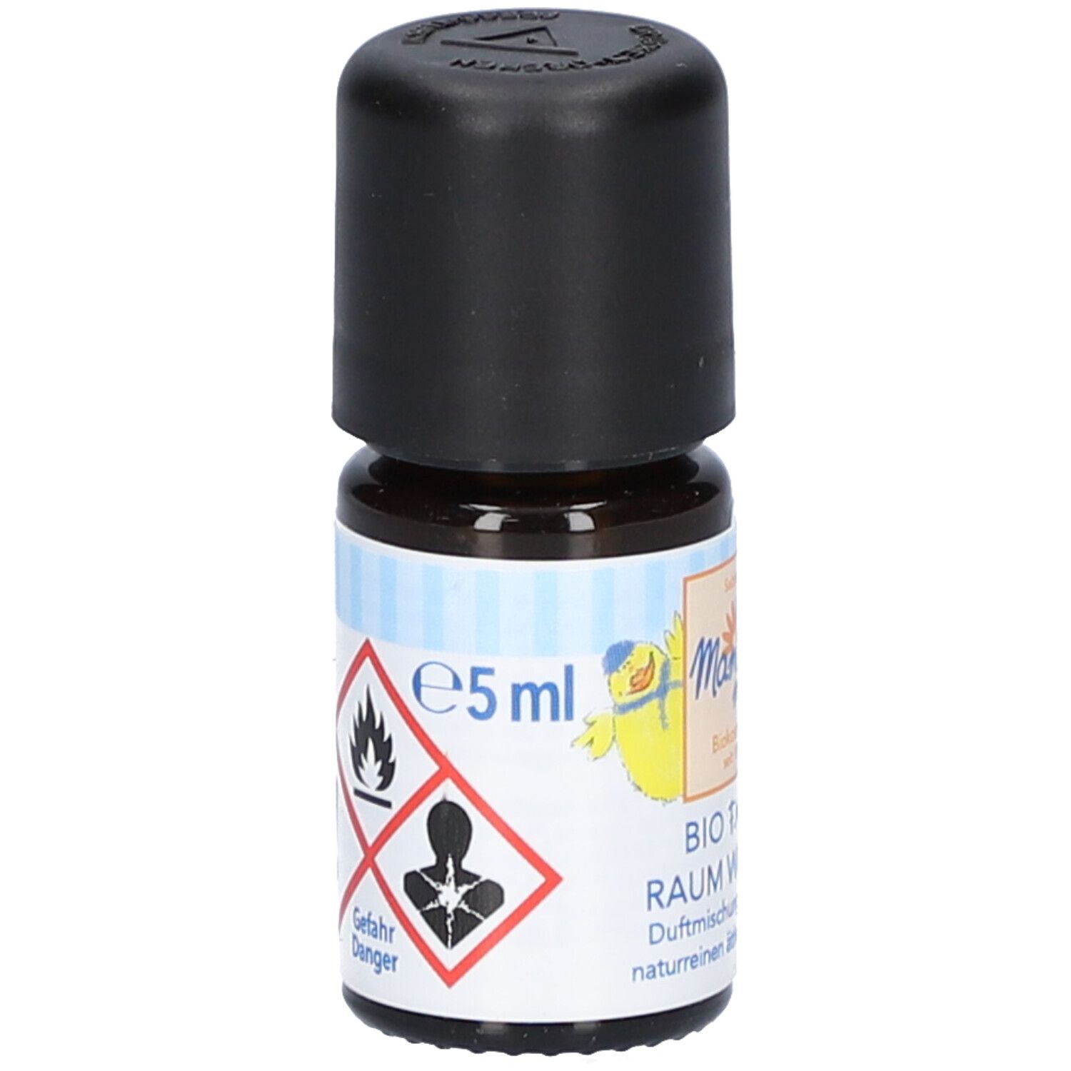 Braune Glasflasche mit schwarzem Deckel. Etikett mit Logo, Schriftzug und Gefahrensymbolen. Aufschrift: e5ml. BIO FAMILY RAUM WOHL ÖL.