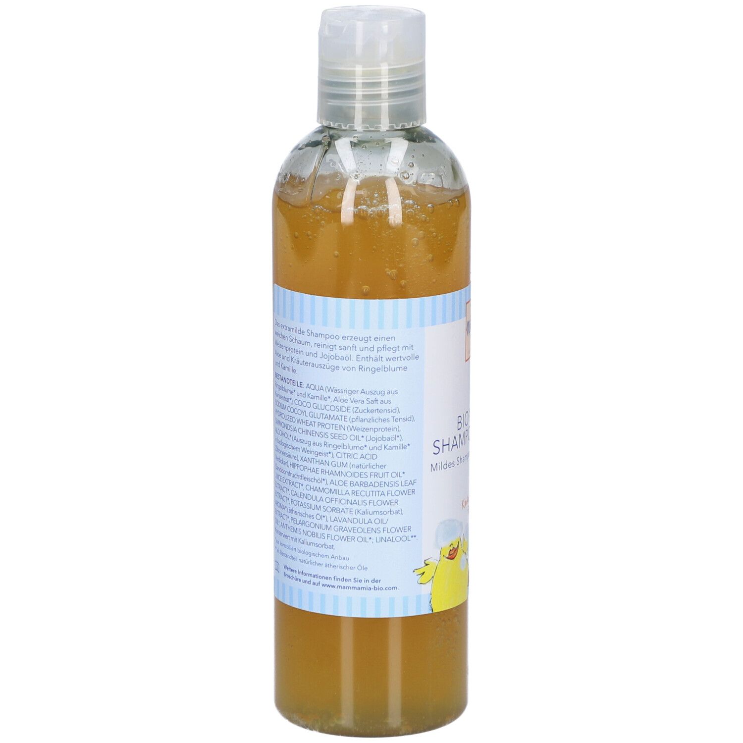 Rückseite der Flasche. Etikett mit Inhaltsstoffen und Text. Blauer Streifen mit gelbem Küken.
