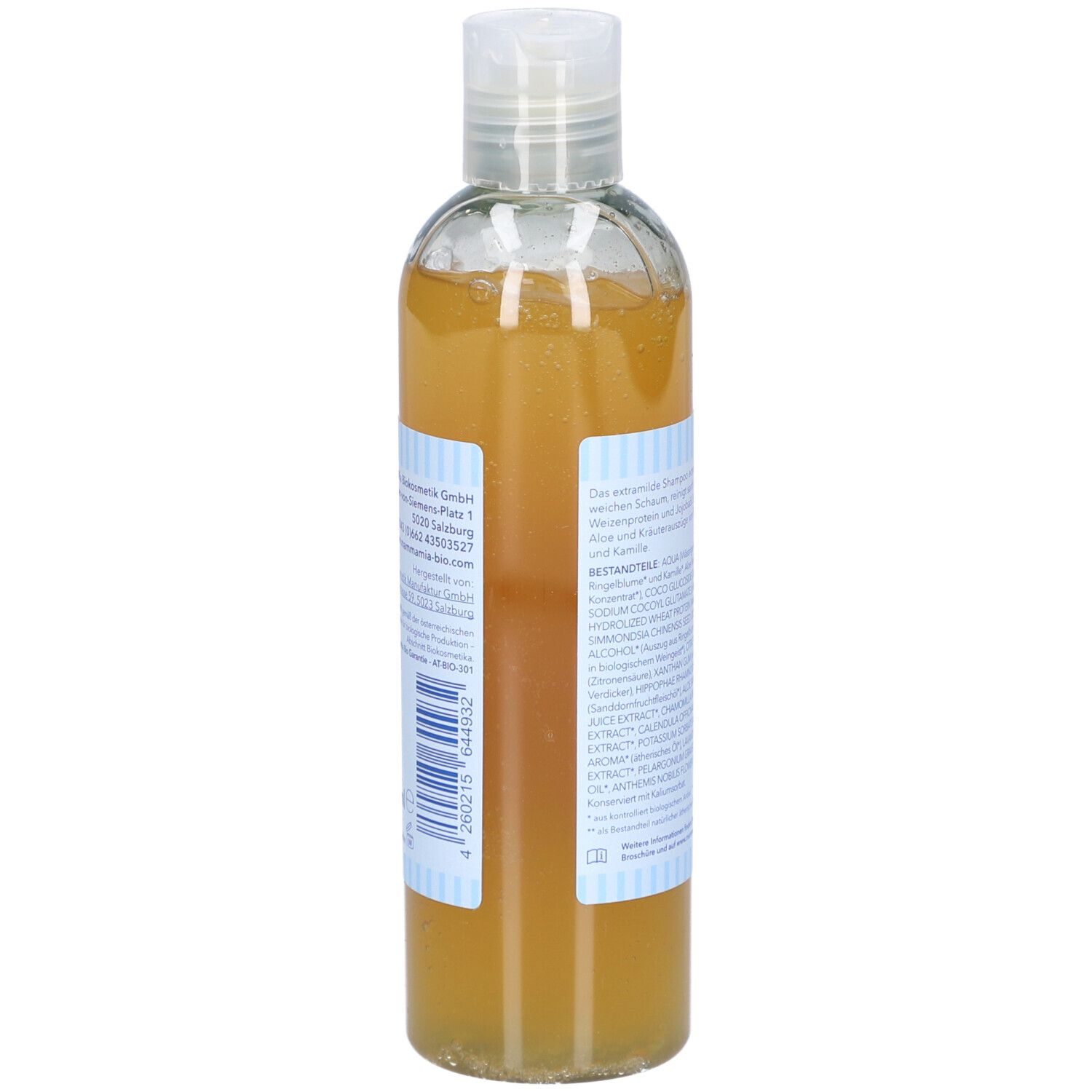 Rückseite der Flasche. Etikett mit Text und Inhaltsstoffen. Blauer Streifen. Transparente Flasche.