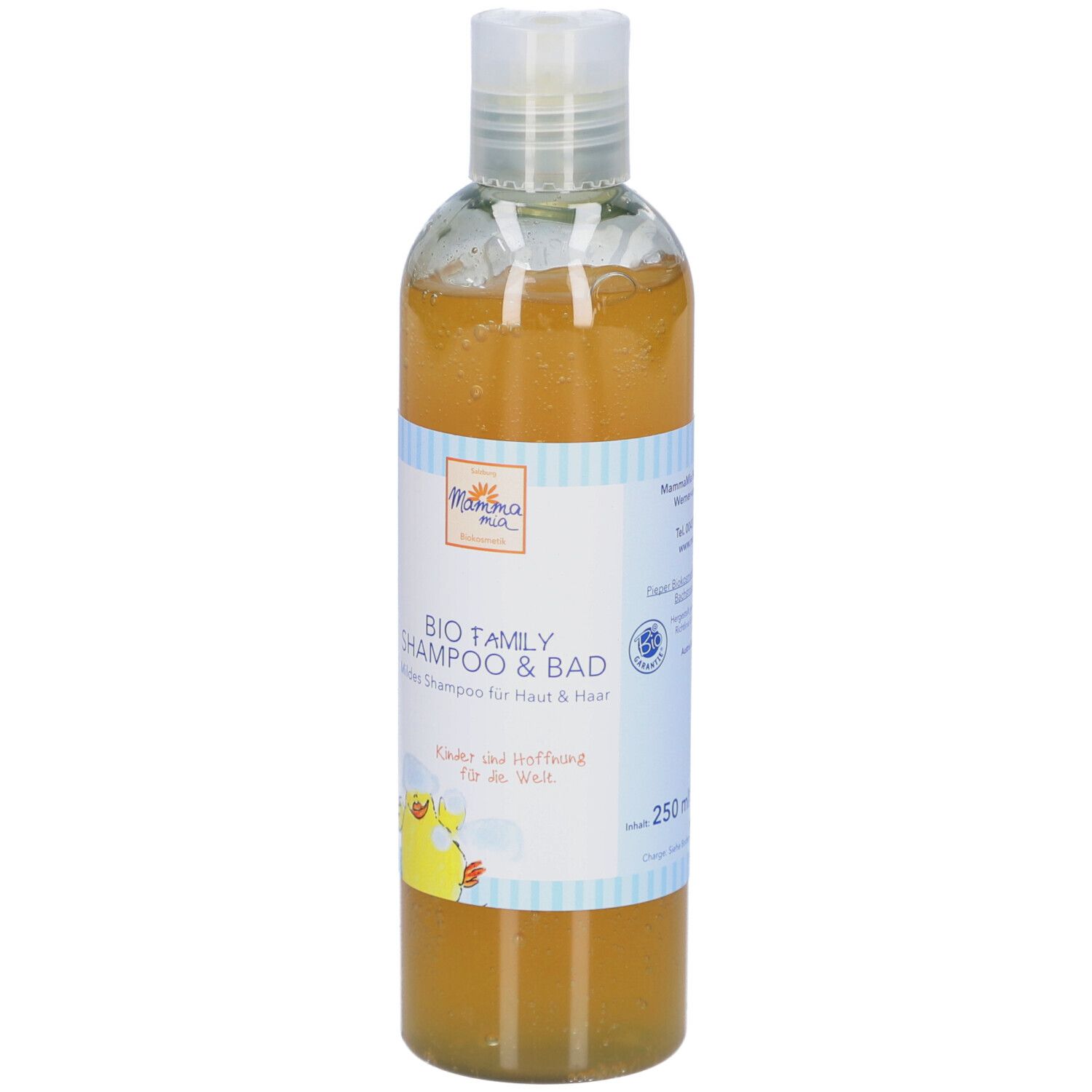 Klare Flasche mit gelblicher Flüssigkeit. Etikett mit Produktnamen und Logo. 250 ml Angabe.