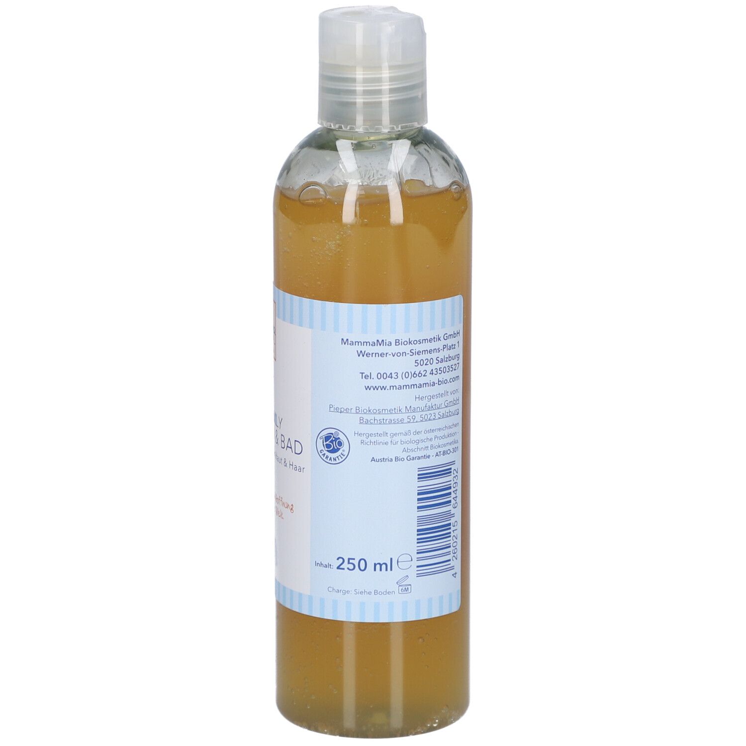 Rückseite der Flasche. Etikett mit Text, Inhaltsstoffen und 250 ml Angabe. Blauer Streifen.