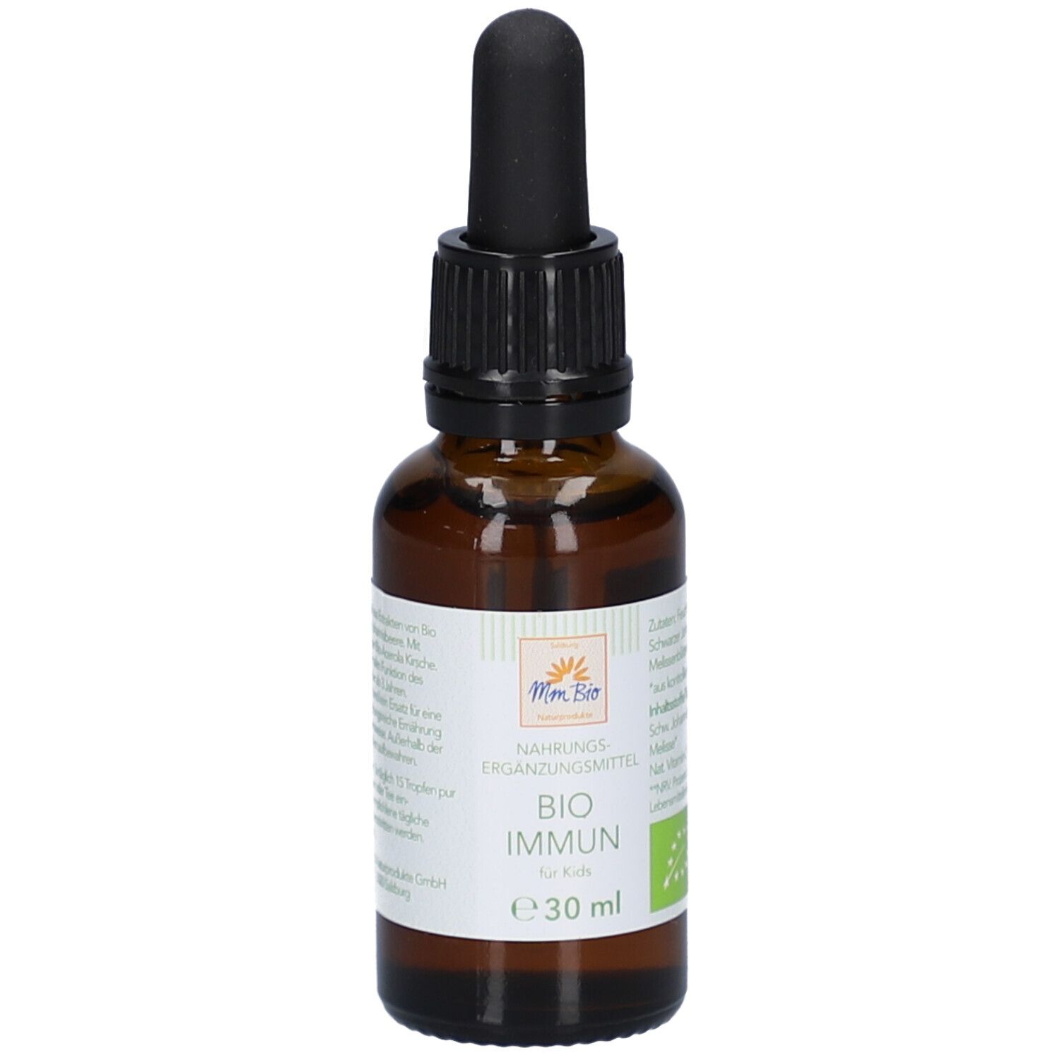 Braune Glasflasche mit schwarzem Tropfer. Aufschrift: BIO IMMUN für Kids. Etikett mit Logo und Bio-Siegel.