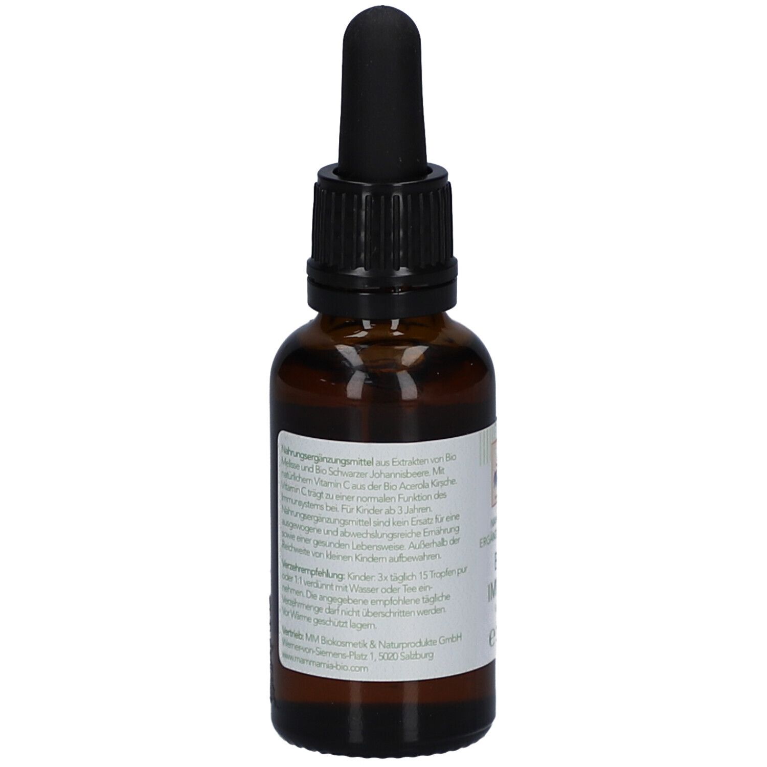 Rückseite der braunen Glasflasche mit schwarzem Tropfer. Textinformationen und Bio-Siegel auf dem Etikett.