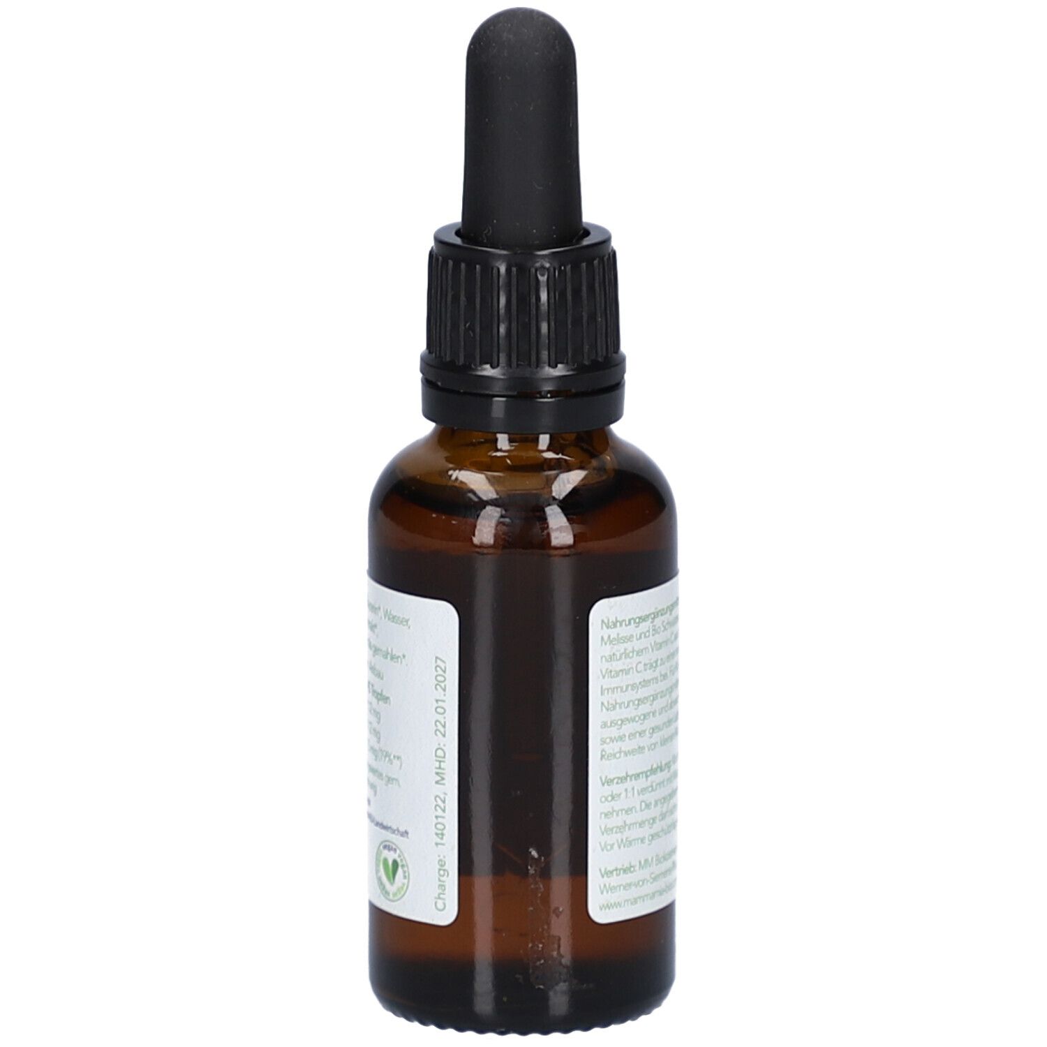 Braune Glasflasche mit schwarzem Tropfer. Etikett mit Text und Bio-Siegel. MHD-Datum.