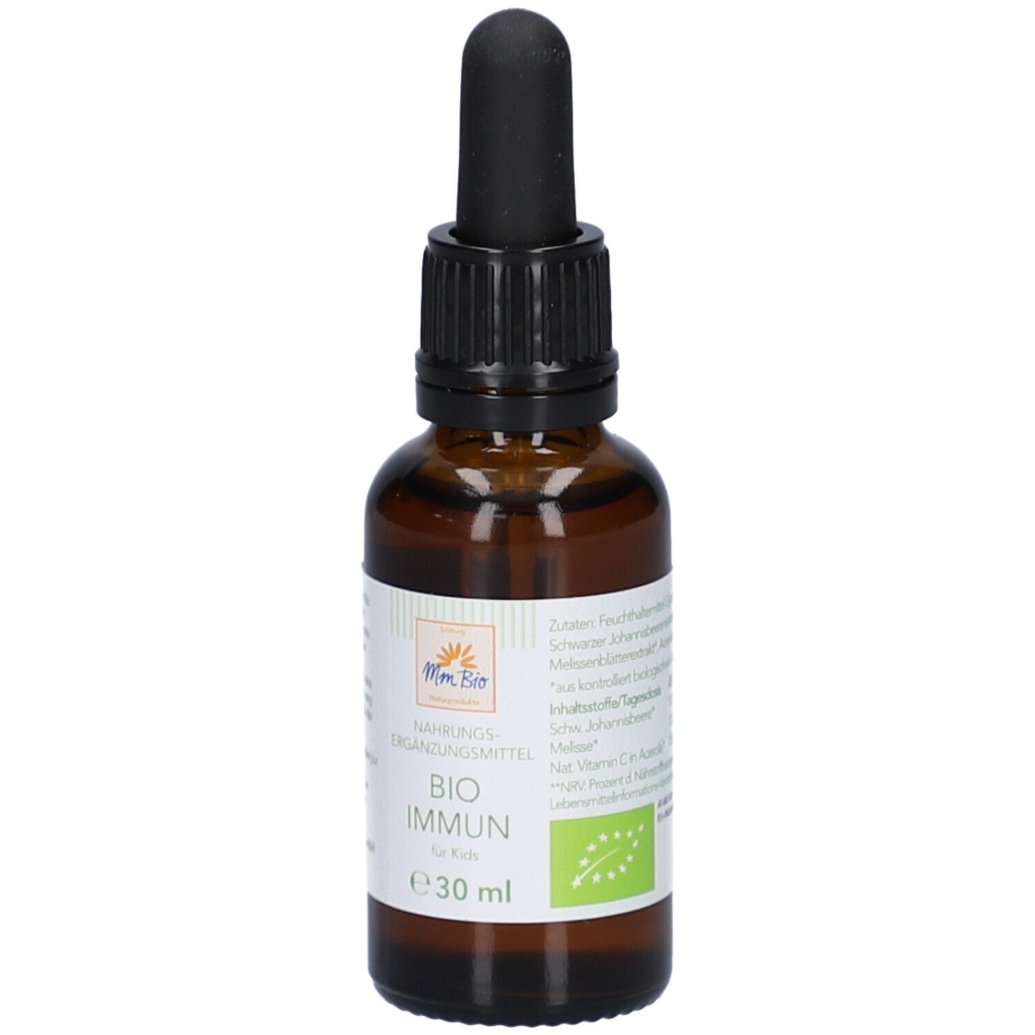 Braune Glasflasche mit schwarzem Tropfer. Aufschrift: BIO IMMUN für Kids. Etikett mit Logo und Bio-Siegel.