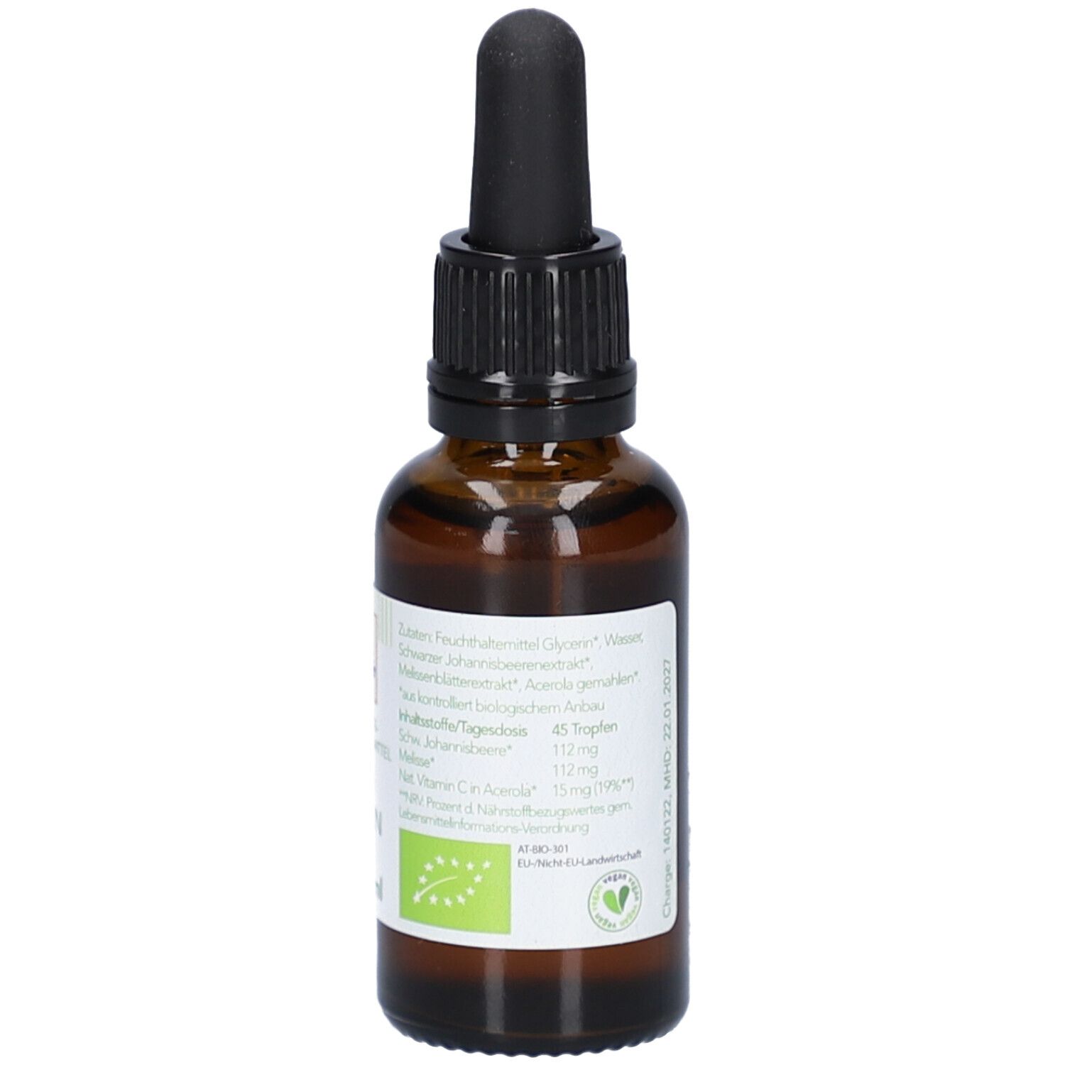 Rückseite der braunen Glasflasche mit schwarzem Tropfer. Textinformationen und Bio-Siegel auf dem Etikett.