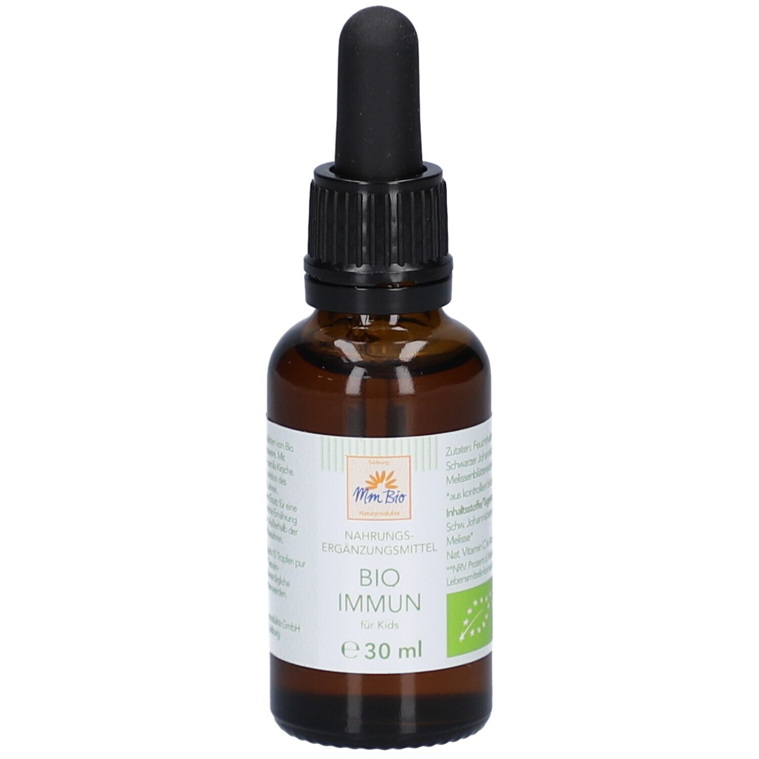 Braune Glasflasche mit schwarzem Tropfer. Aufschrift: BIO IMMUN für Kids. Etikett mit Logo und Bio-Siegel.