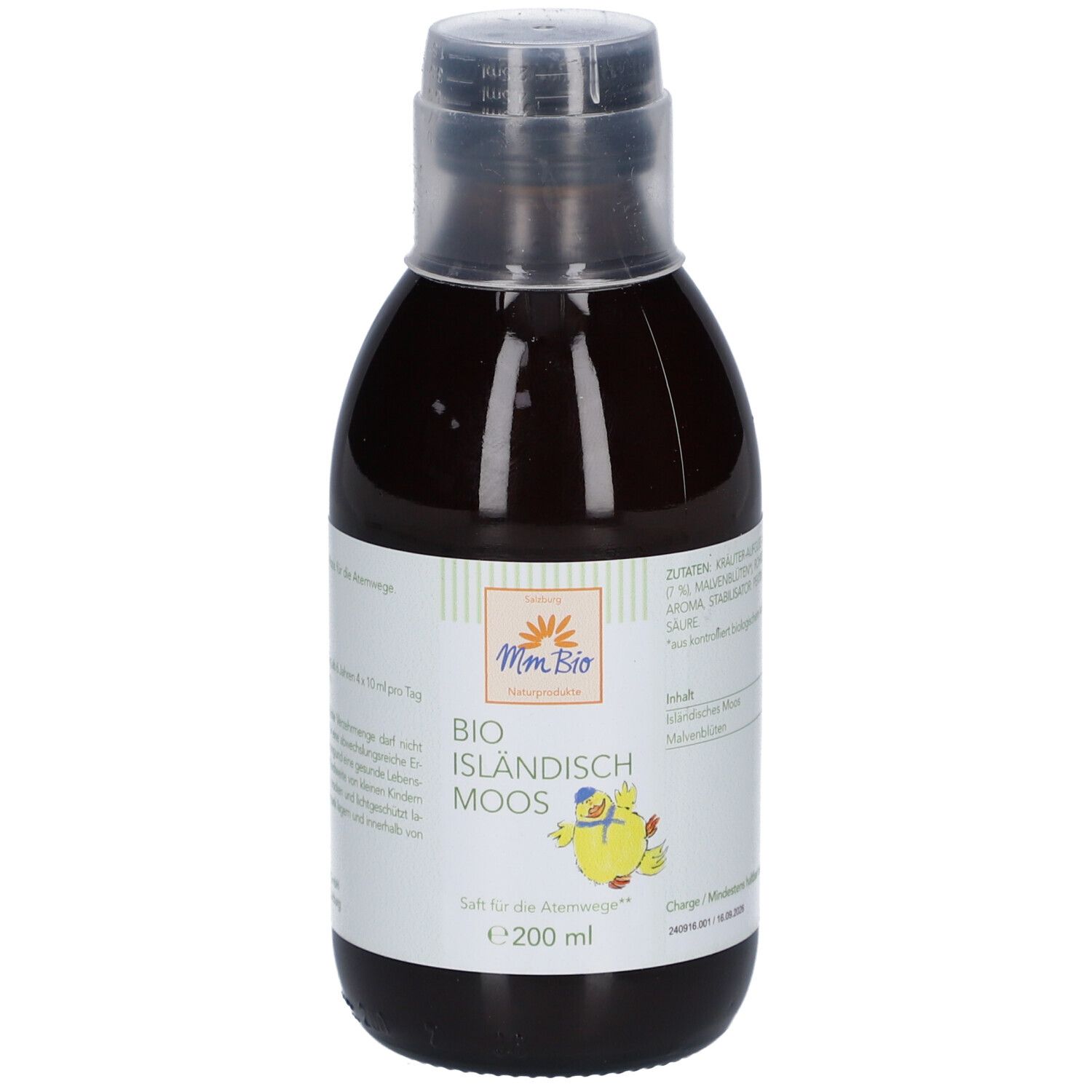 Braune Flüssigkeit in einer Flasche mit Schraubverschluss. Auf dem Etikett steht "Mm Bio BIO ISLANDISCH MOOS".