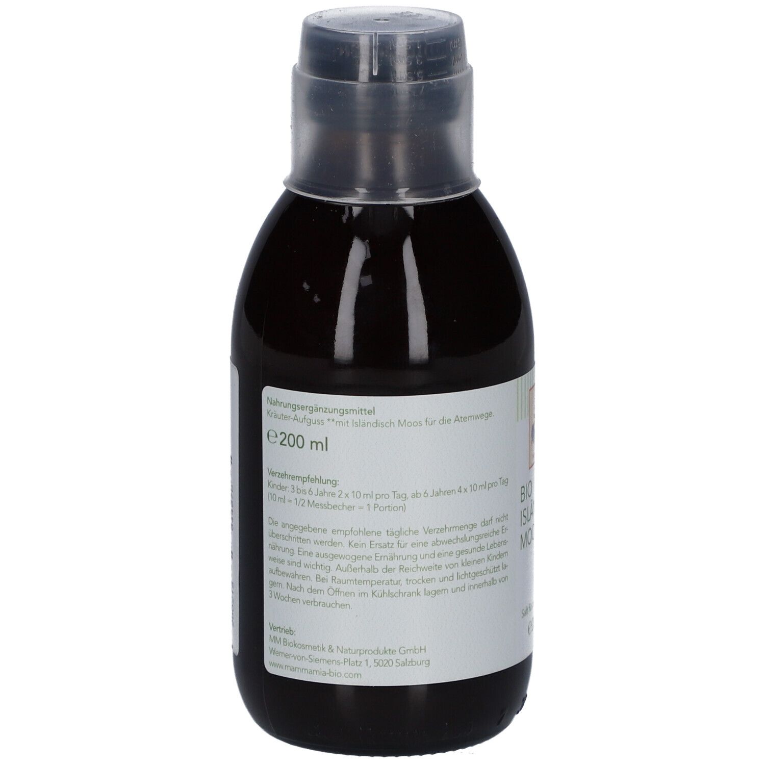 Rückseite einer Flasche mit brauner Flüssigkeit. Etikett mit Informationen und Text. Aufschrift: "BIO ISLANDISCH MOOS".