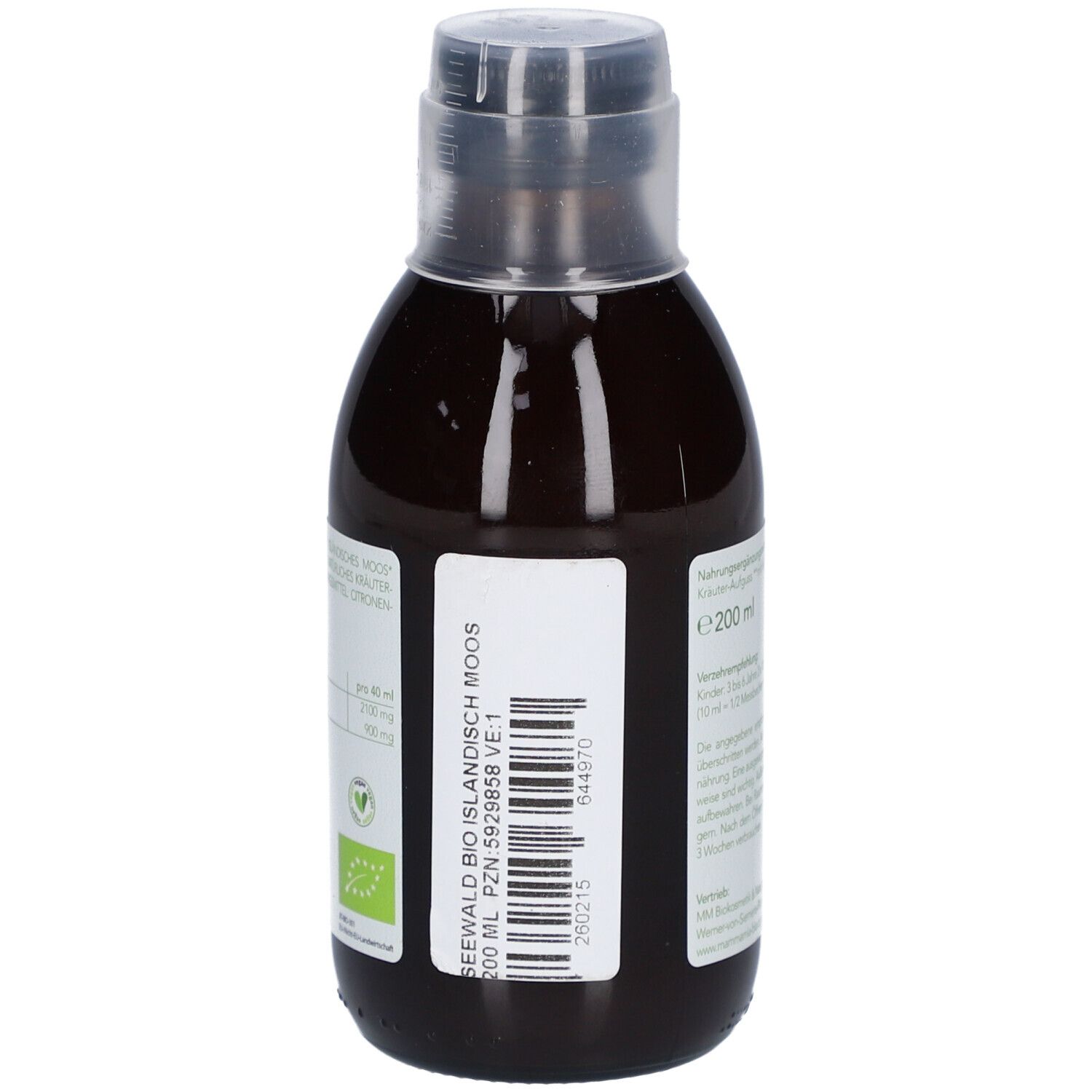 Rückansicht einer Flasche mit brauner Flüssigkeit. Etikett mit Text und Logo. Aufschrift: "SEEWALD BIO ISLANDISCH MOOS".