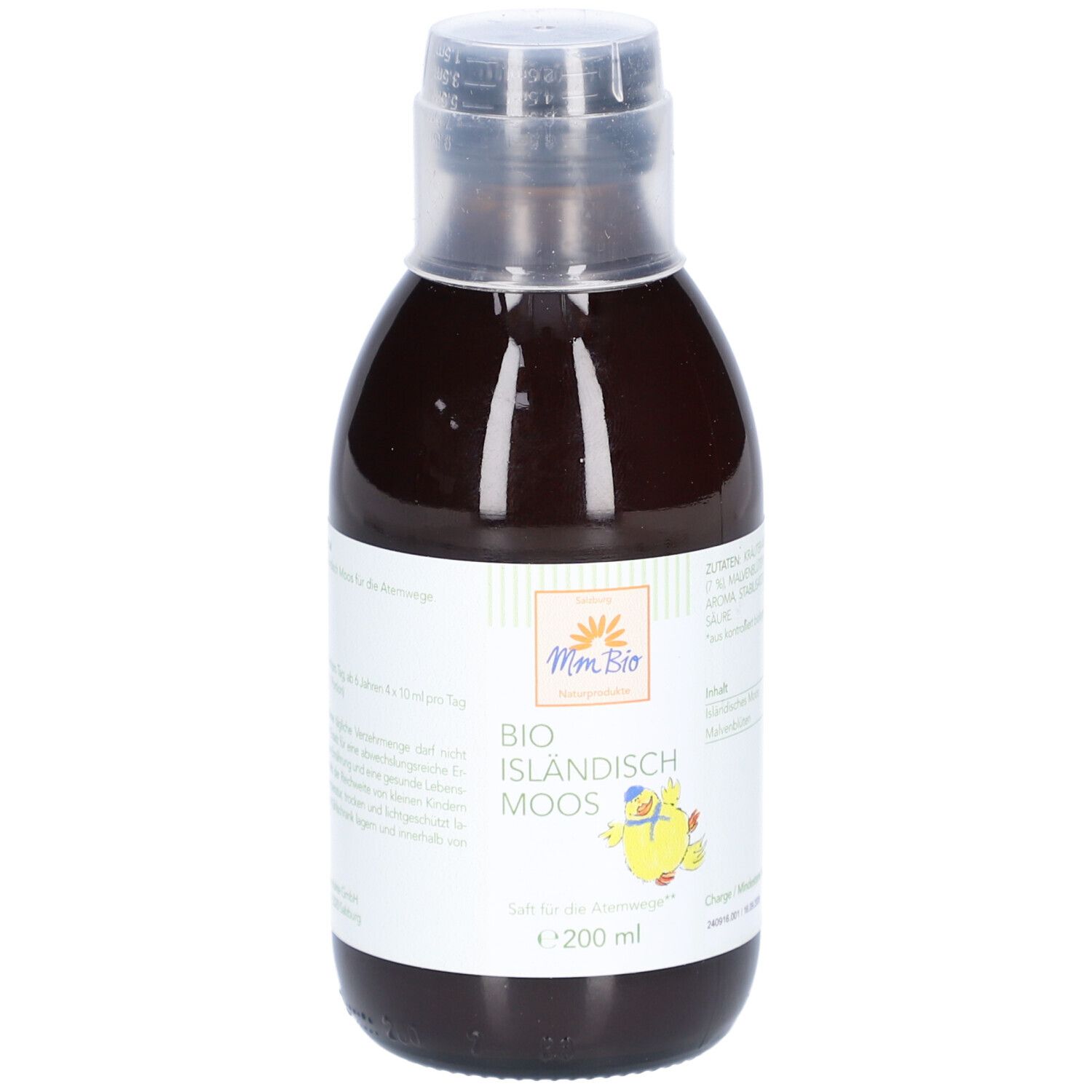 Flasche mit brauner Flüssigkeit, Etikett mit Logo und Text. Aufschrift: "Mm Bio BIO ISLANDISCH MOOS".