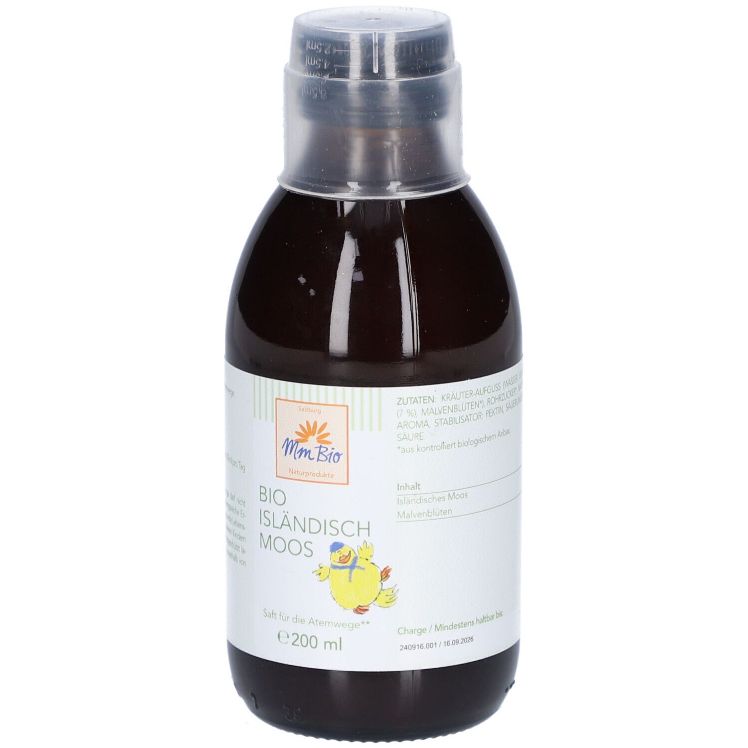 Flasche mit brauner Flüssigkeit, Etikett mit Logo und Text. Aufschrift: "Mm Bio BIO ISLANDISCH MOOS".