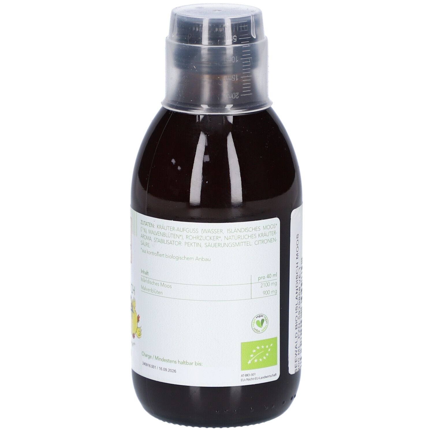 Rückseite einer Flasche mit brauner Flüssigkeit. Etikett mit Inhaltsstoffen und Logo. Aufschrift: "BIO ISLANDISCH MOOS".