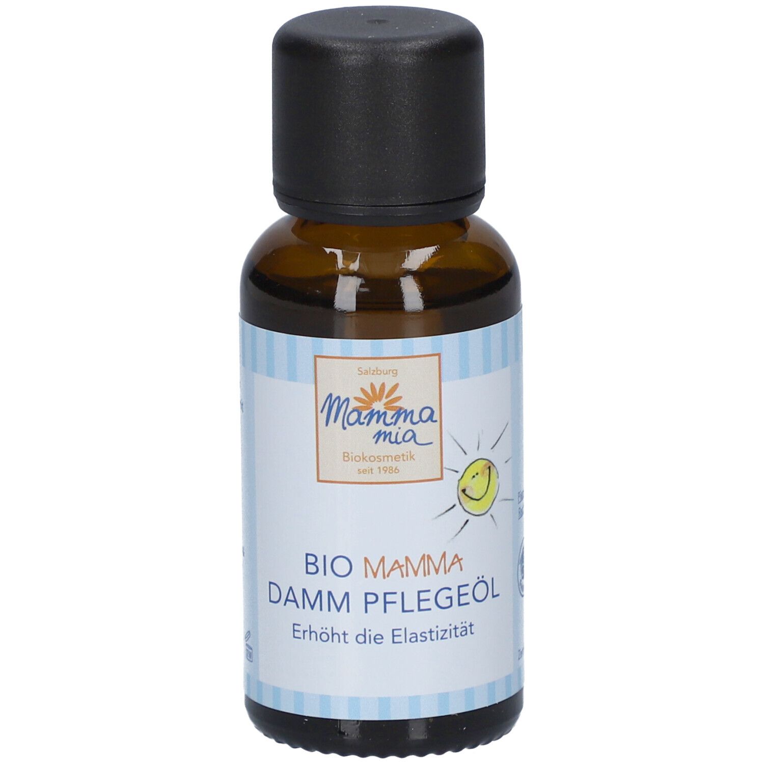 Braune Glasflasche mit schwarzem Deckel. Aufkleber mit Produktname: BIO MAMMA DAMM PFLEGEÖL. Mit Sonnen-Logo.