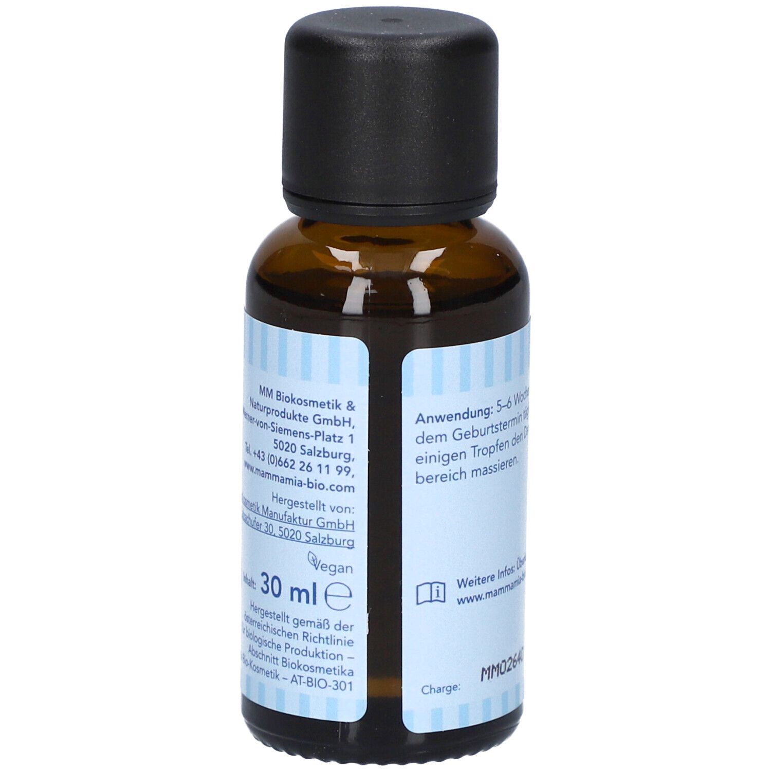 Braune Glasflasche mit schwarzem Deckel. Aufkleber mit Produktinformationen. Text: BIO MAMMA DAMM PFLEGEÖL. 30 ml.