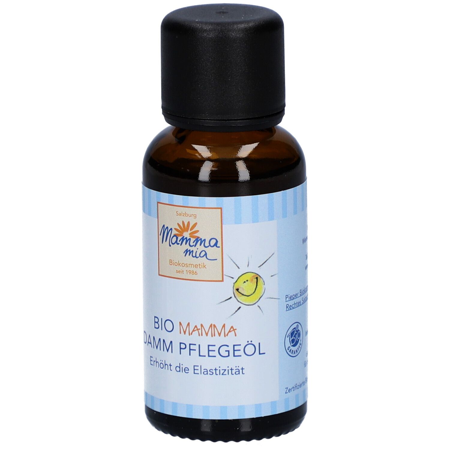 Braune Glasflasche mit schwarzem Deckel. Aufkleber mit Produktname: BIO MAMMA DAMM PFLEGEÖL. Mit Sonnen-Logo und Bio-Siegel.