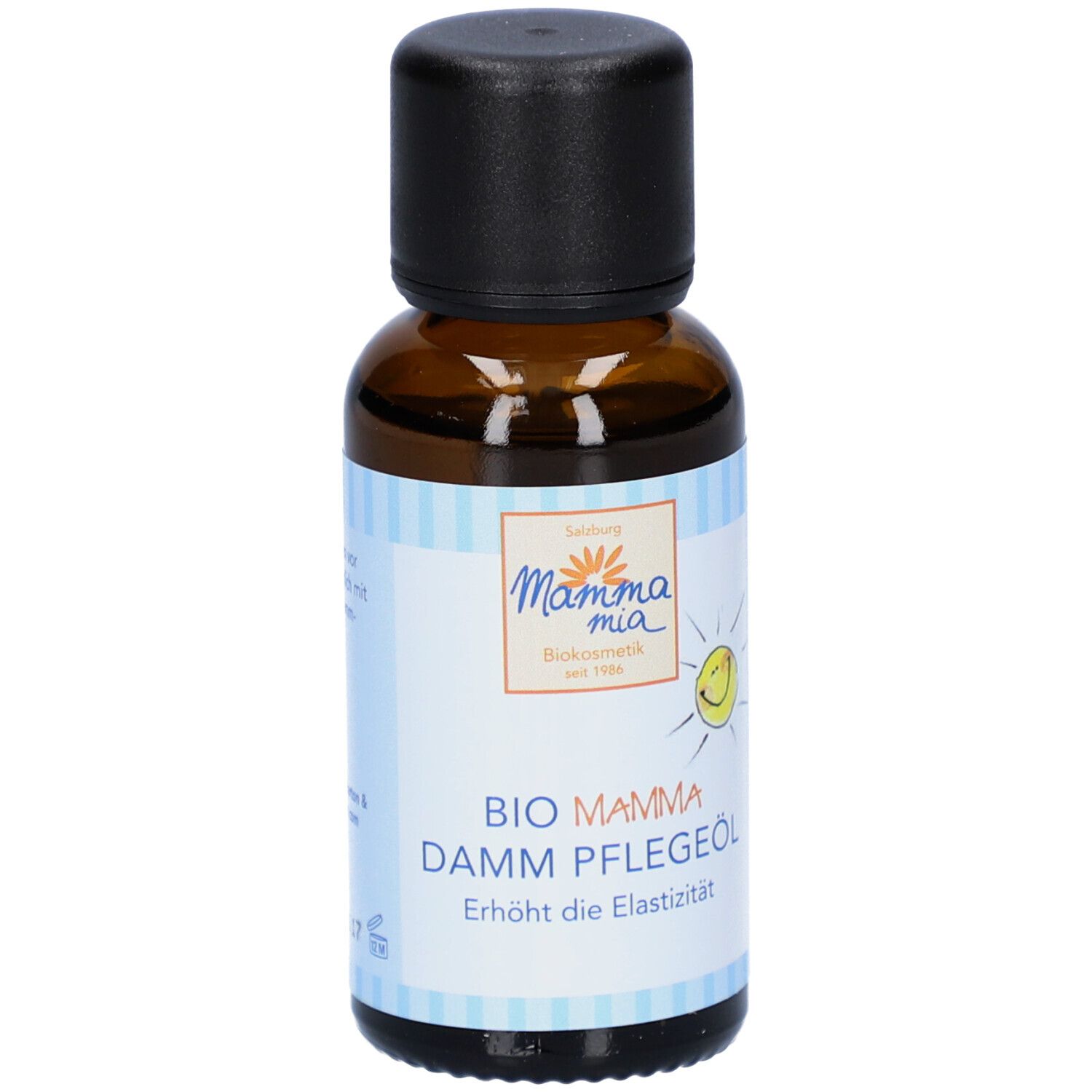 Braune Glasflasche mit schwarzem Deckel. Aufkleber mit Produktname: BIO MAMMA DAMM PFLEGEÖL. Mit Sonnen-Logo.