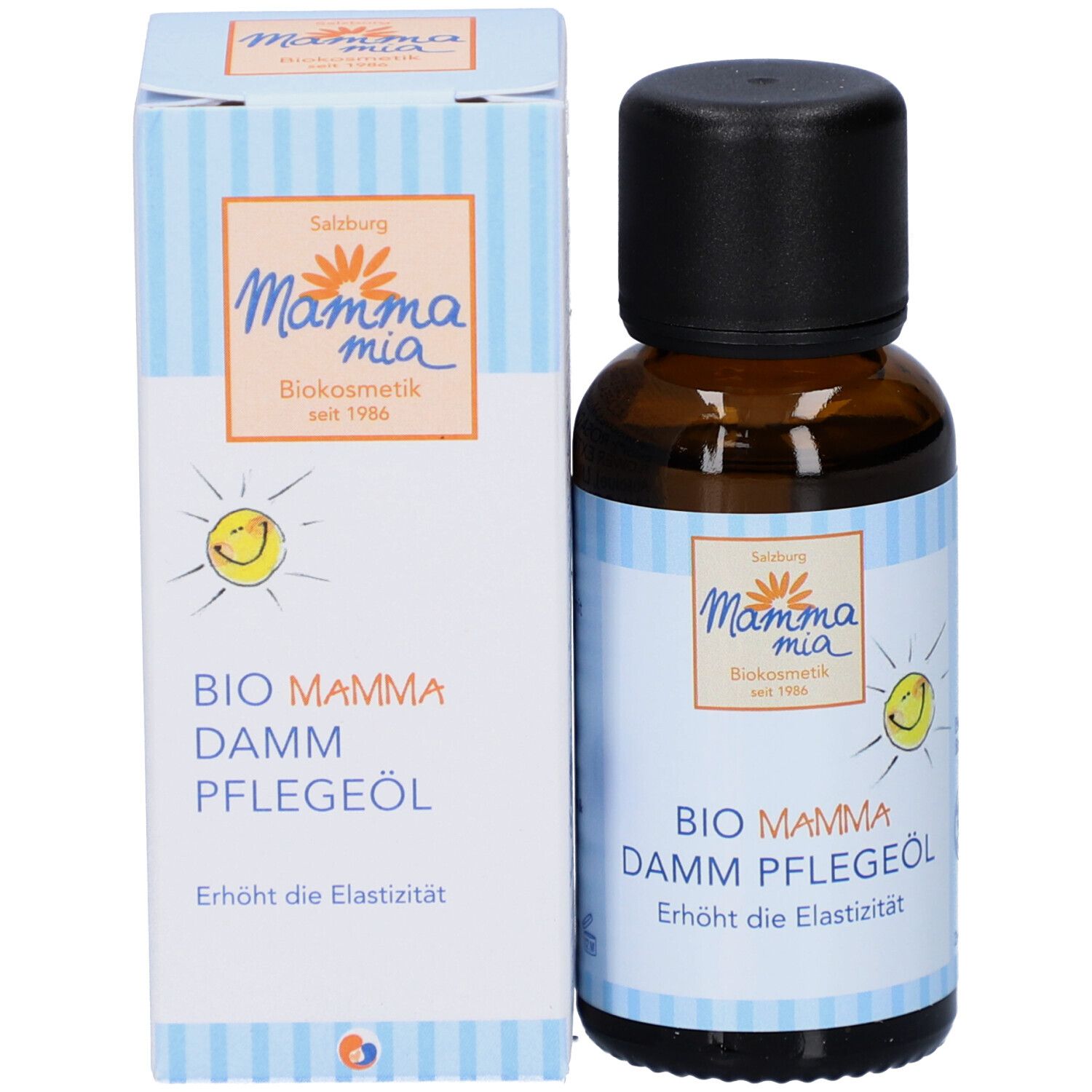 Produktflasche und Verpackung. Braune Glasflasche mit schwarzem Deckel. Verpackung mit Produktname: BIO MAMMA DAMM PFLEGEÖL.