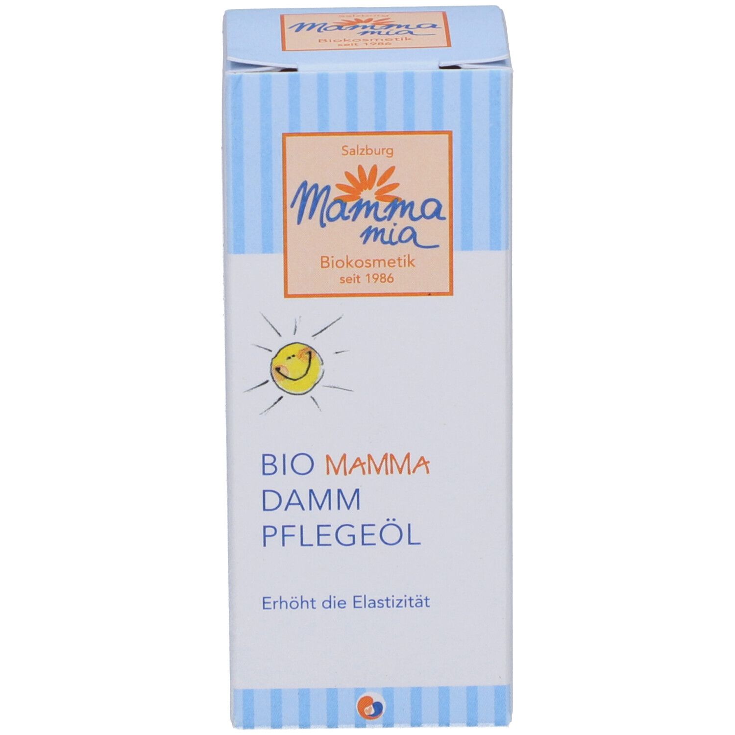 Verpackung mit Produktname: BIO MAMMA DAMM PFLEGEÖL. Mit Sonnen-Logo. Text: Erhöht die Elastizität.
