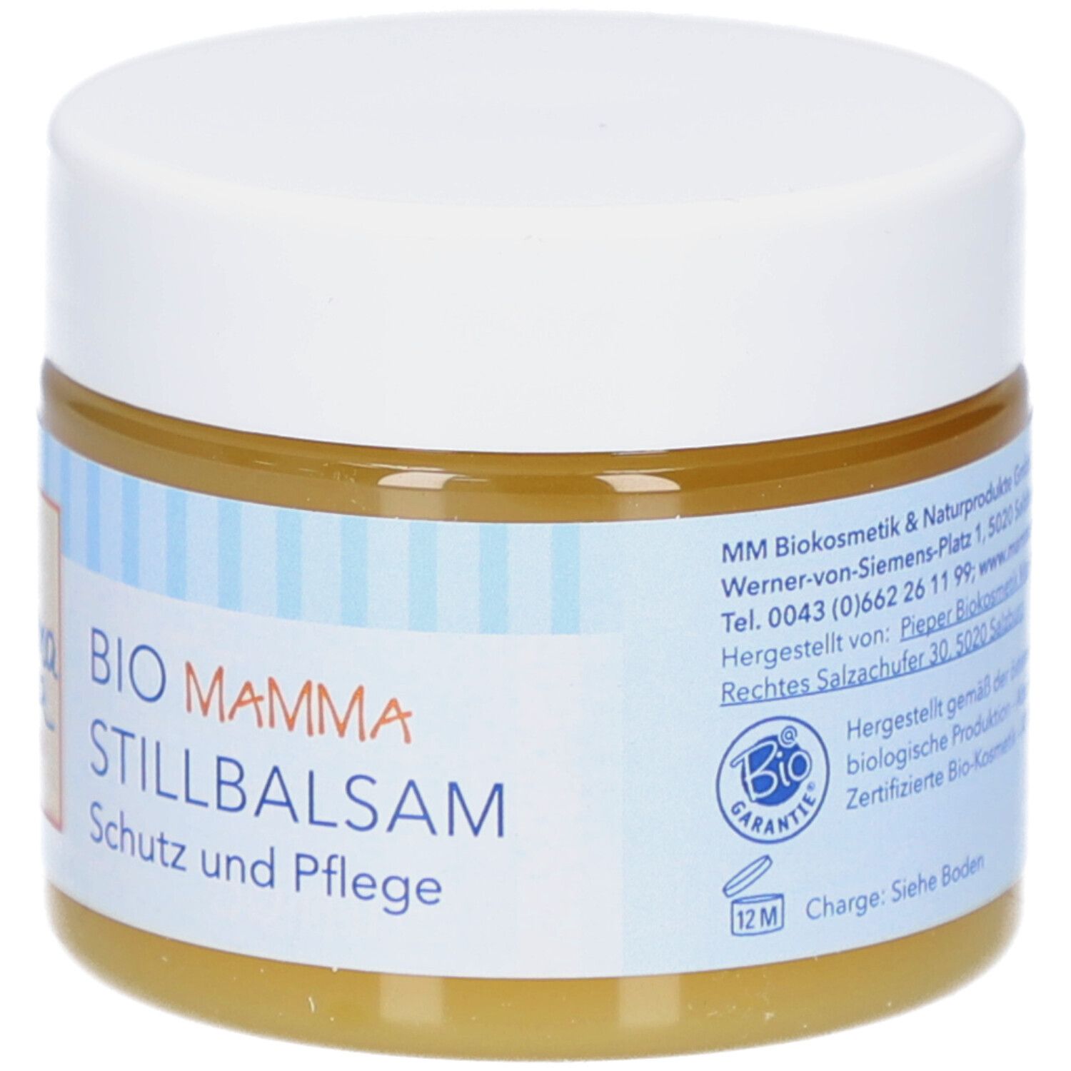 Cremebehälter mit weißem Deckel. Aufkleber mit Logo und Text: BIO MAMMA STILLBALSAM. Bio-Siegel und 12M-Kennzeichnung.