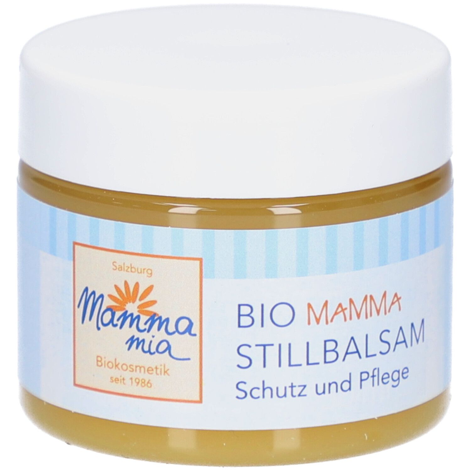 Cremebehälter mit weißem Deckel. Aufkleber mit Logo und Text: BIO MAMMA STILLBALSAM. Produktansicht.