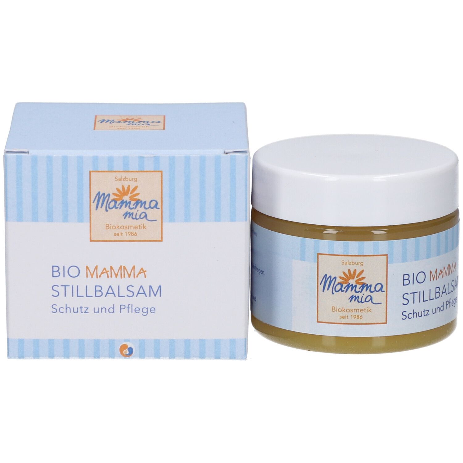 Cremebehälter und Verpackung. Aufkleber mit Logo und Text: BIO MAMMA STILLBALSAM. Produkt und Schachtel.