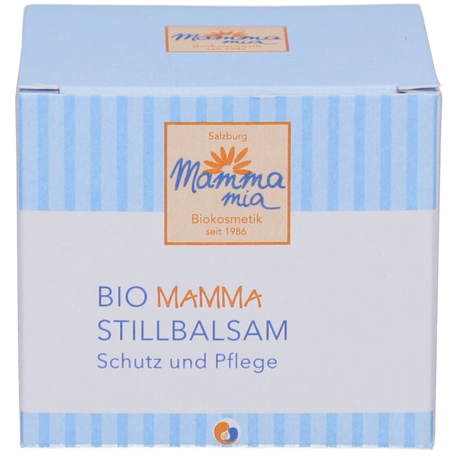 Verpackung mit Logo und Text: BIO MAMMA STILLBALSAM. Blaue Schachtel mit Produktinformationen.