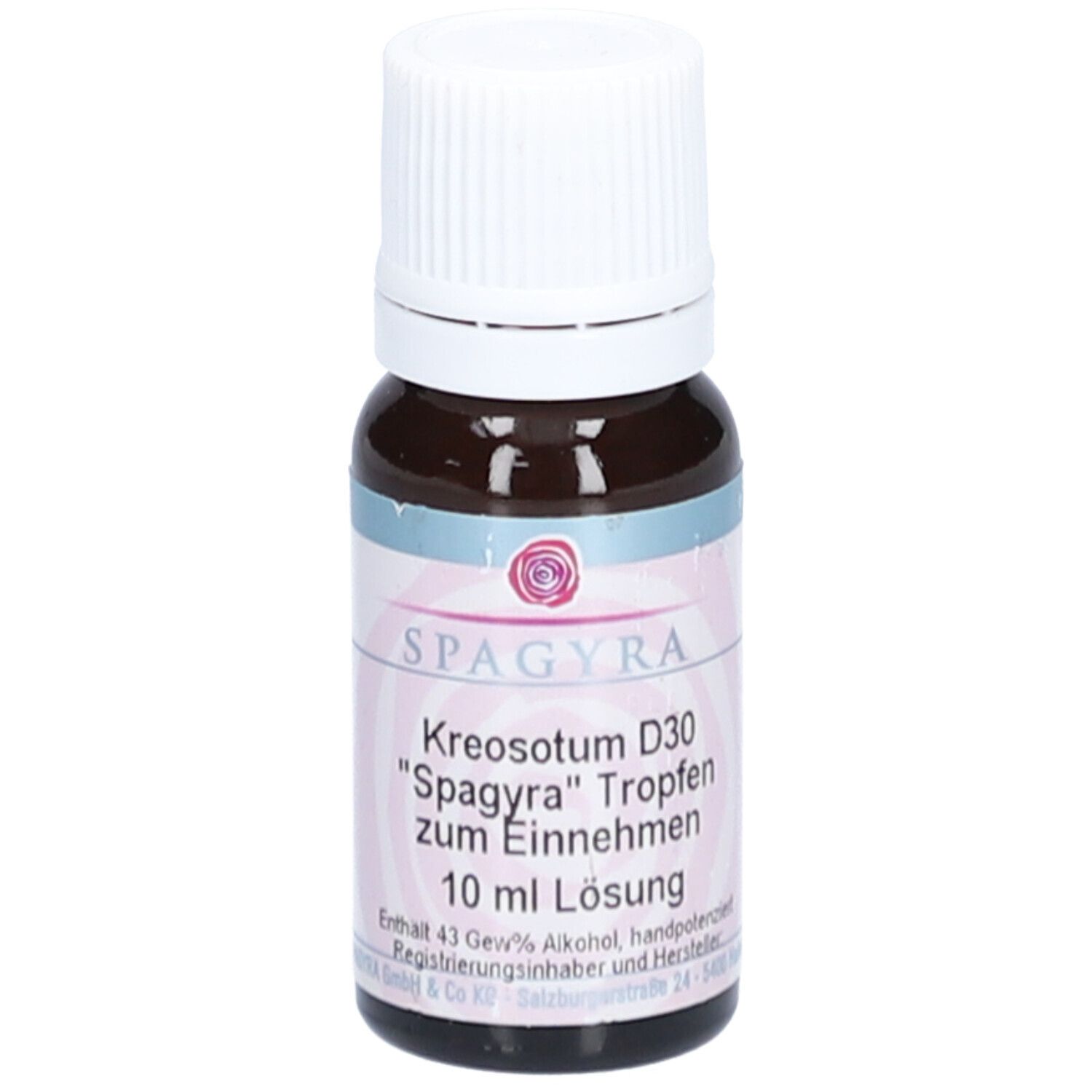 Braune Glasflasche mit weißem Deckel. Etikett mit Produktnamen und Marke Spagyra. 10 ml Lösung.