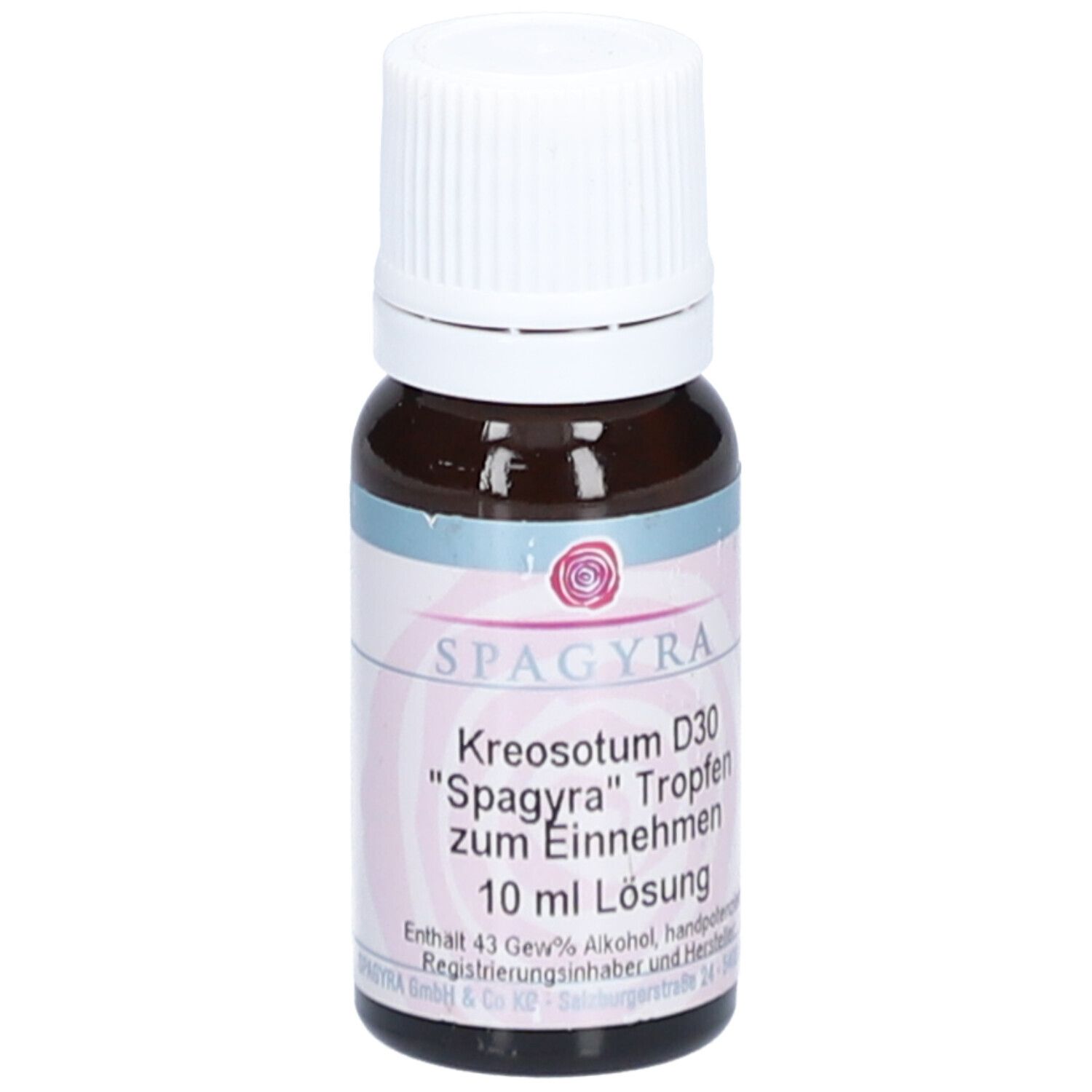 Braune Glasflasche mit weißem Deckel. Etikett mit Produktnamen und Marke Spagyra. 10 ml Lösung.