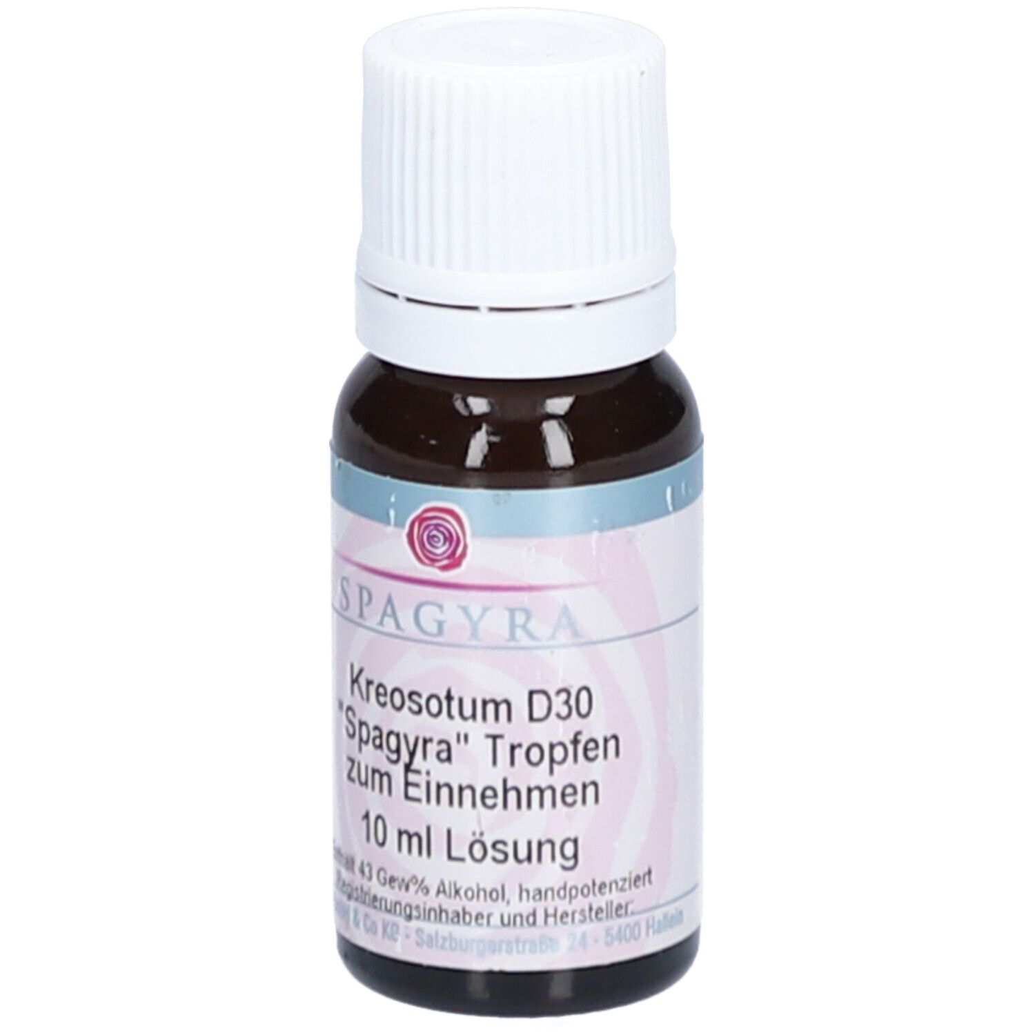 Braune Glasflasche mit weißem Deckel. Etikett mit Produktnamen und Marke Spagyra. 10 ml Lösung.