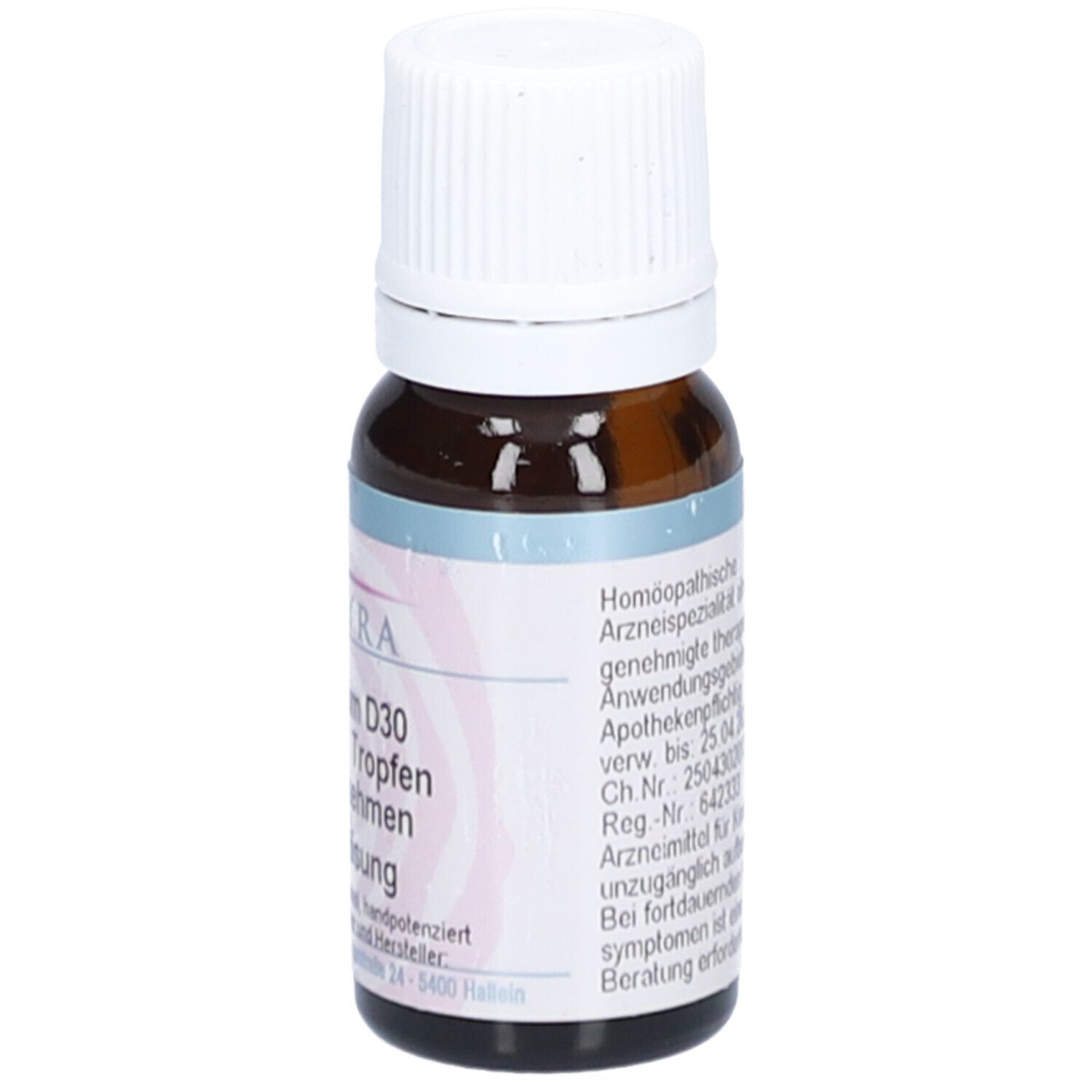 Braune Glasflasche mit weißem Deckel. Etikett mit Produktinformationen. Homöopathisches Arzneimittel.