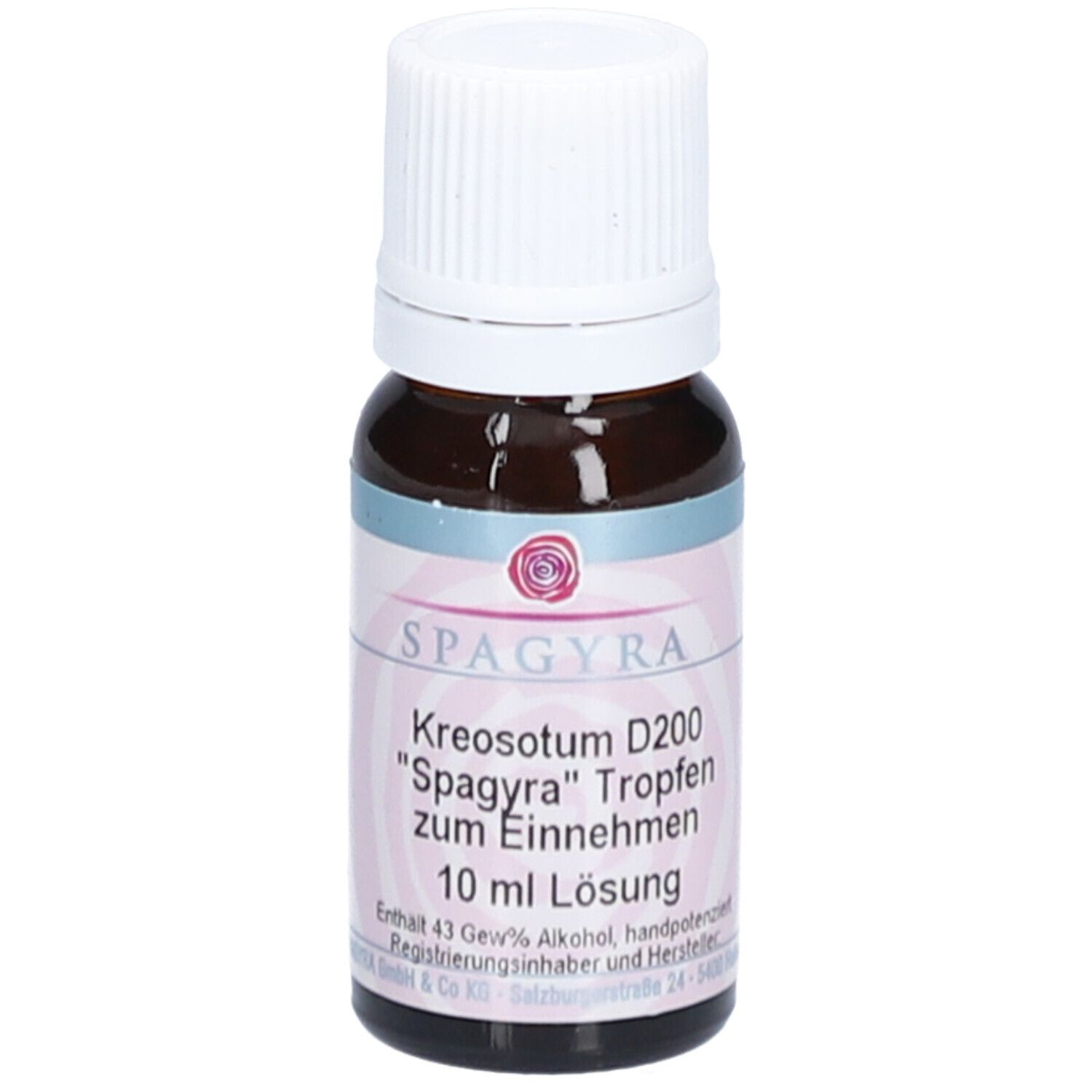 Braune Glasflasche mit weißem Deckel. Etikett mit Produktnamen und Aufschrift "10 ml Lösung".