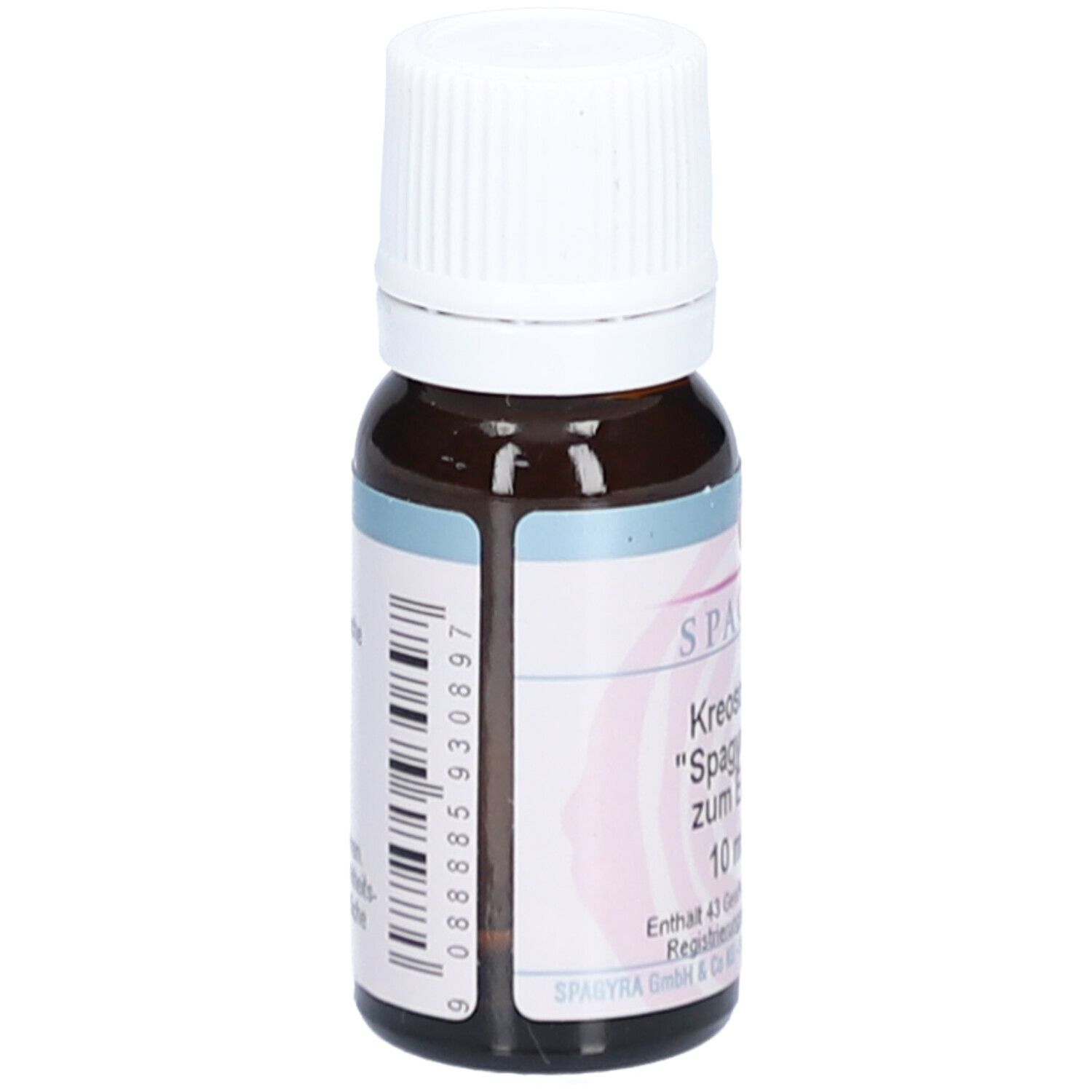 Braune Glasflasche mit weißem Deckel. Etikett mit Barcode und Produktinformationen.